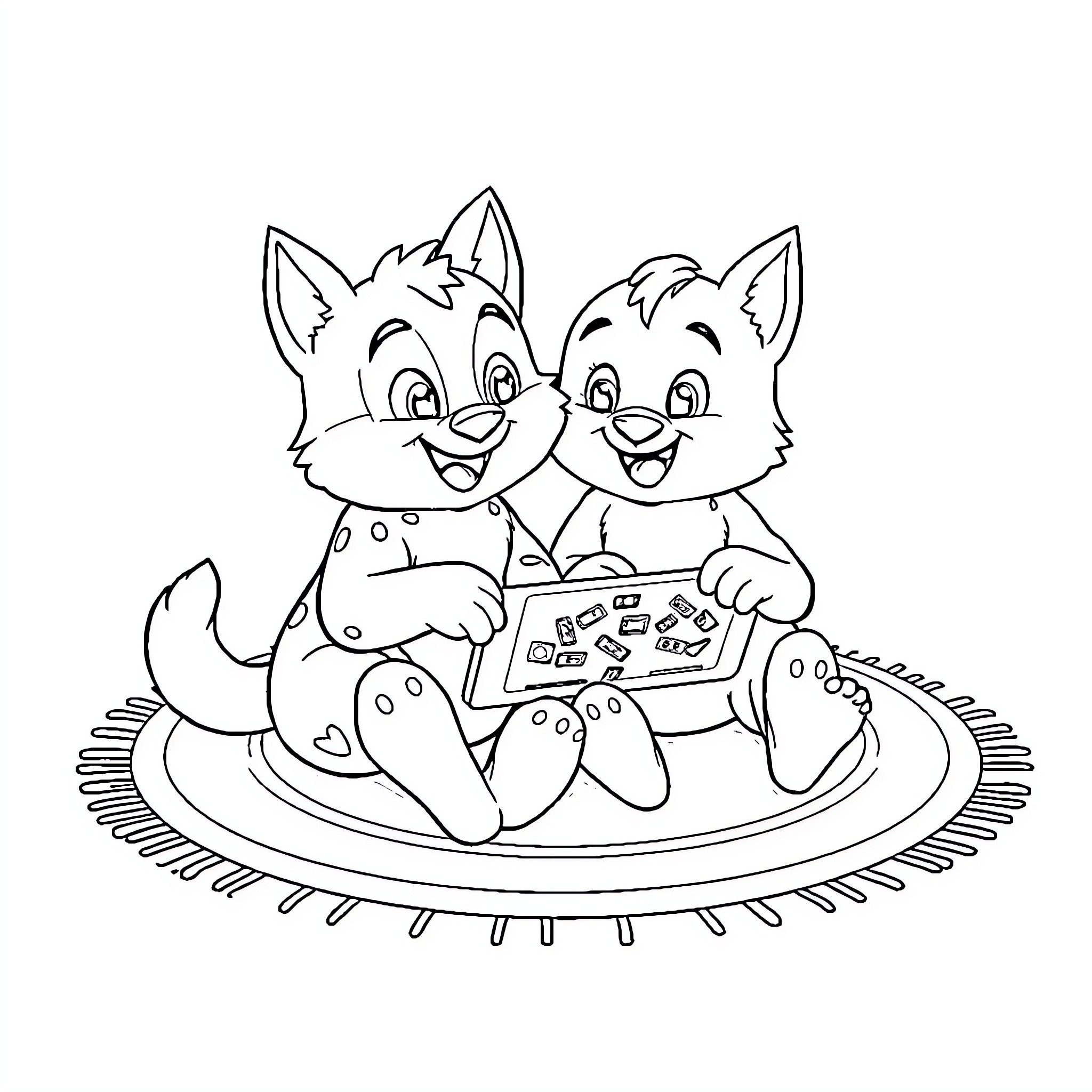 Bluey and sibling playing on the rug Coloring Page (free black-and-white line drawing printable PDF for all, from beginners to advanced learners, including children, teens, adults, and seniors)