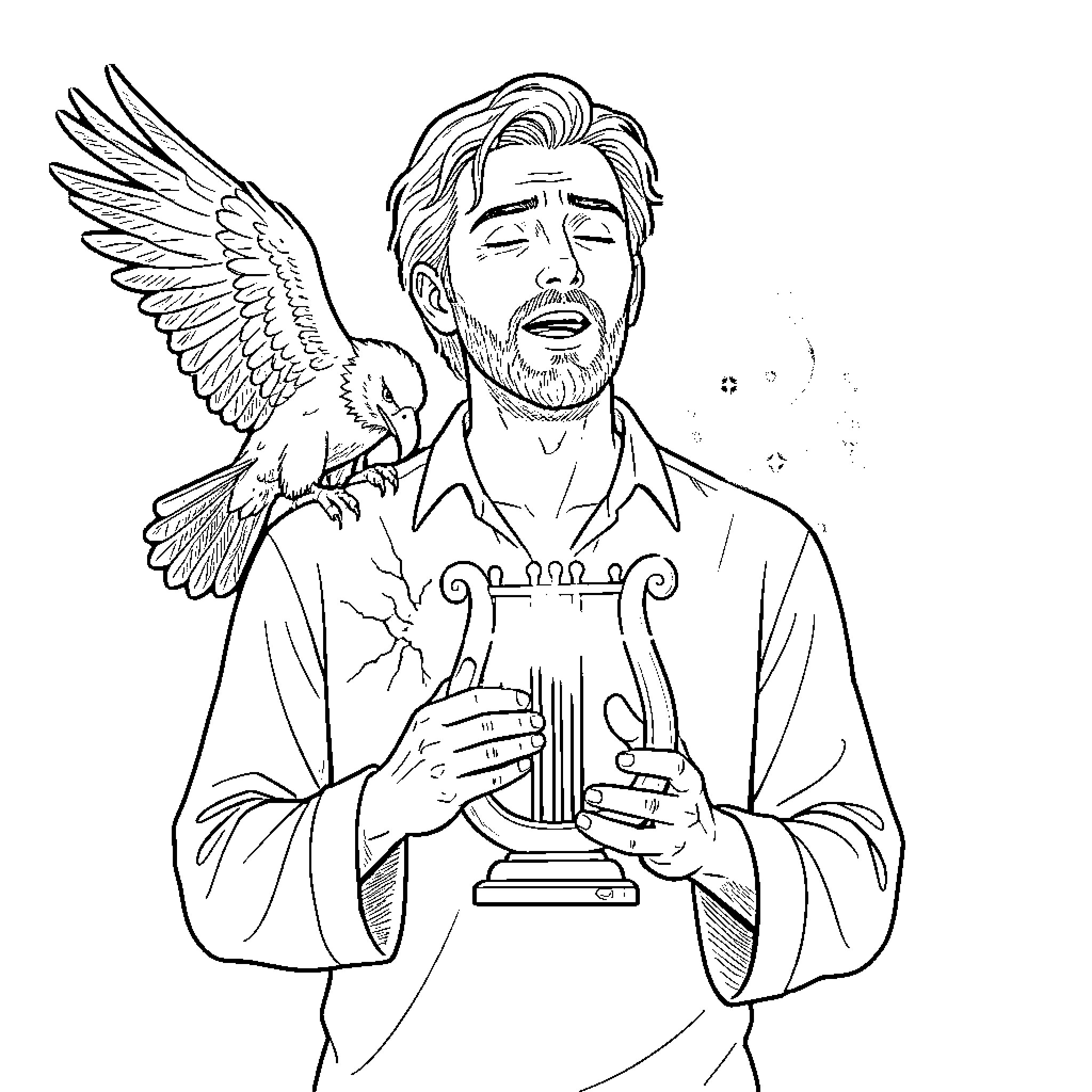 Hombre with winged companion and musical instrument Coloring Page (free black-and-white line drawing printable PDF for all, from beginners to advanced learners, including children, teens, adults, and seniors)