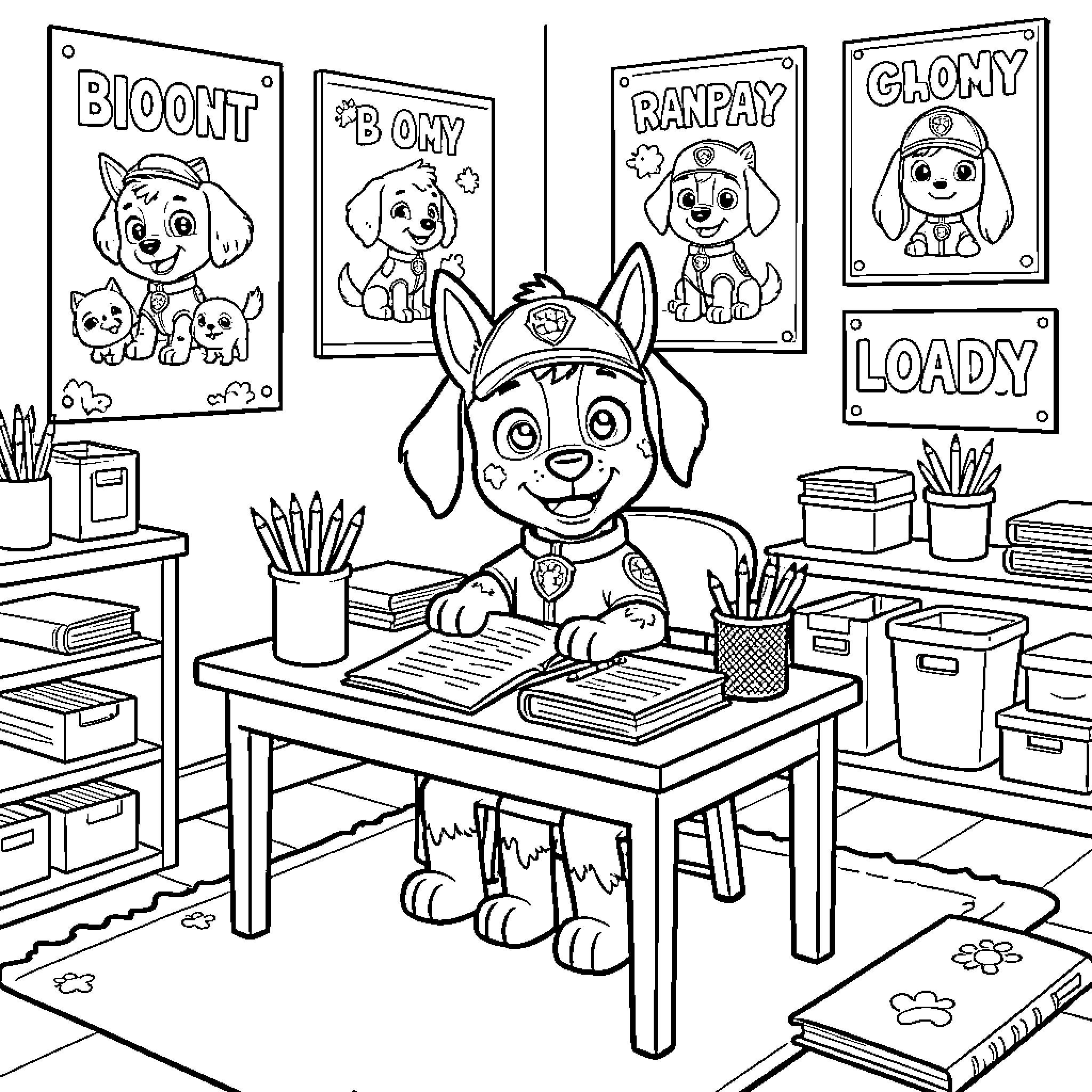 Paw Patrol Dog in a Classroom Setting Coloring Page (free black-and-white line drawing printable PDF for all, from beginners to advanced learners, including children, teens, adults, and seniors)