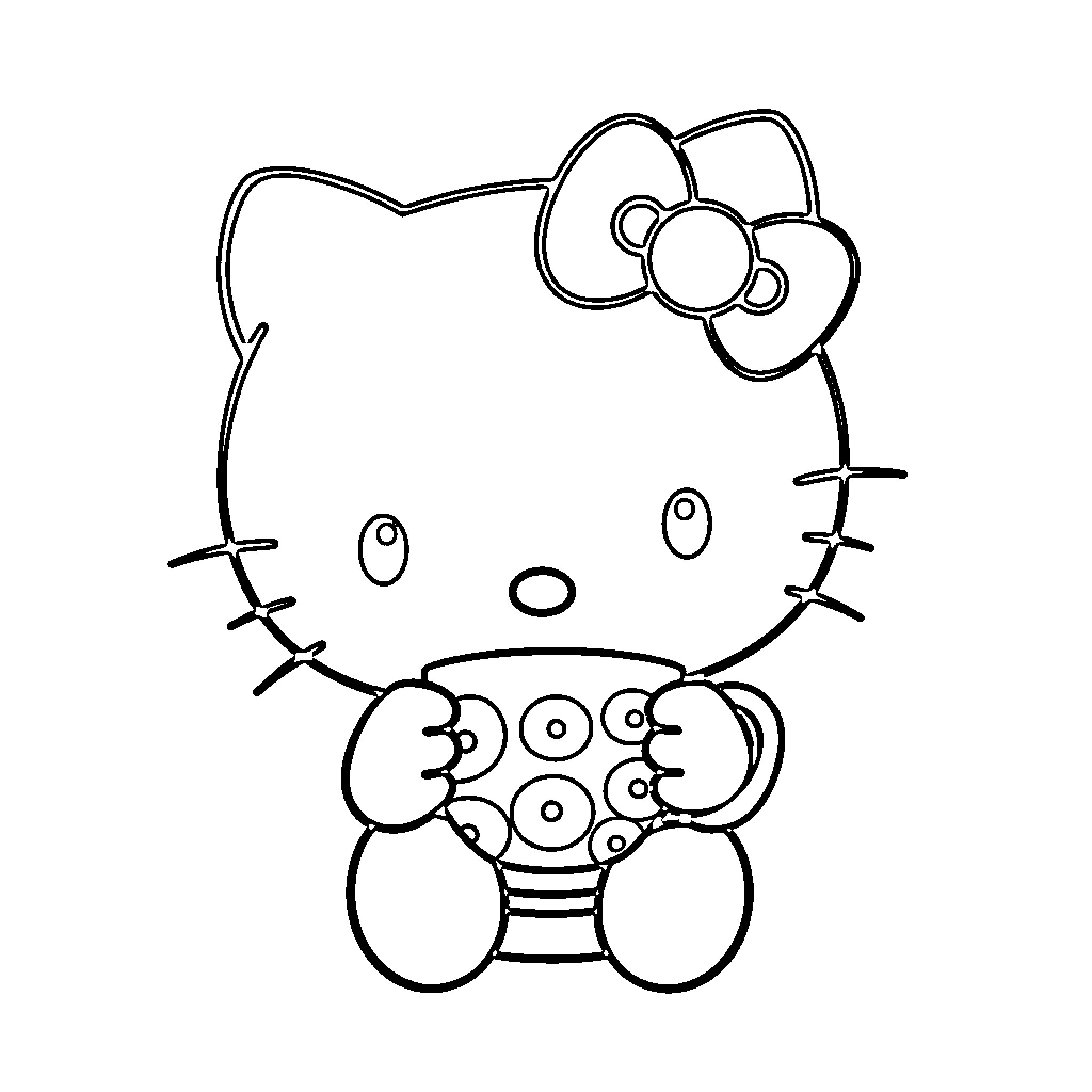 Hello Kitty enjoying a bowl of treats Coloring Page (free black-and-white line drawing printable PDF for all, from beginners to advanced learners, including children, teens, adults, and seniors)