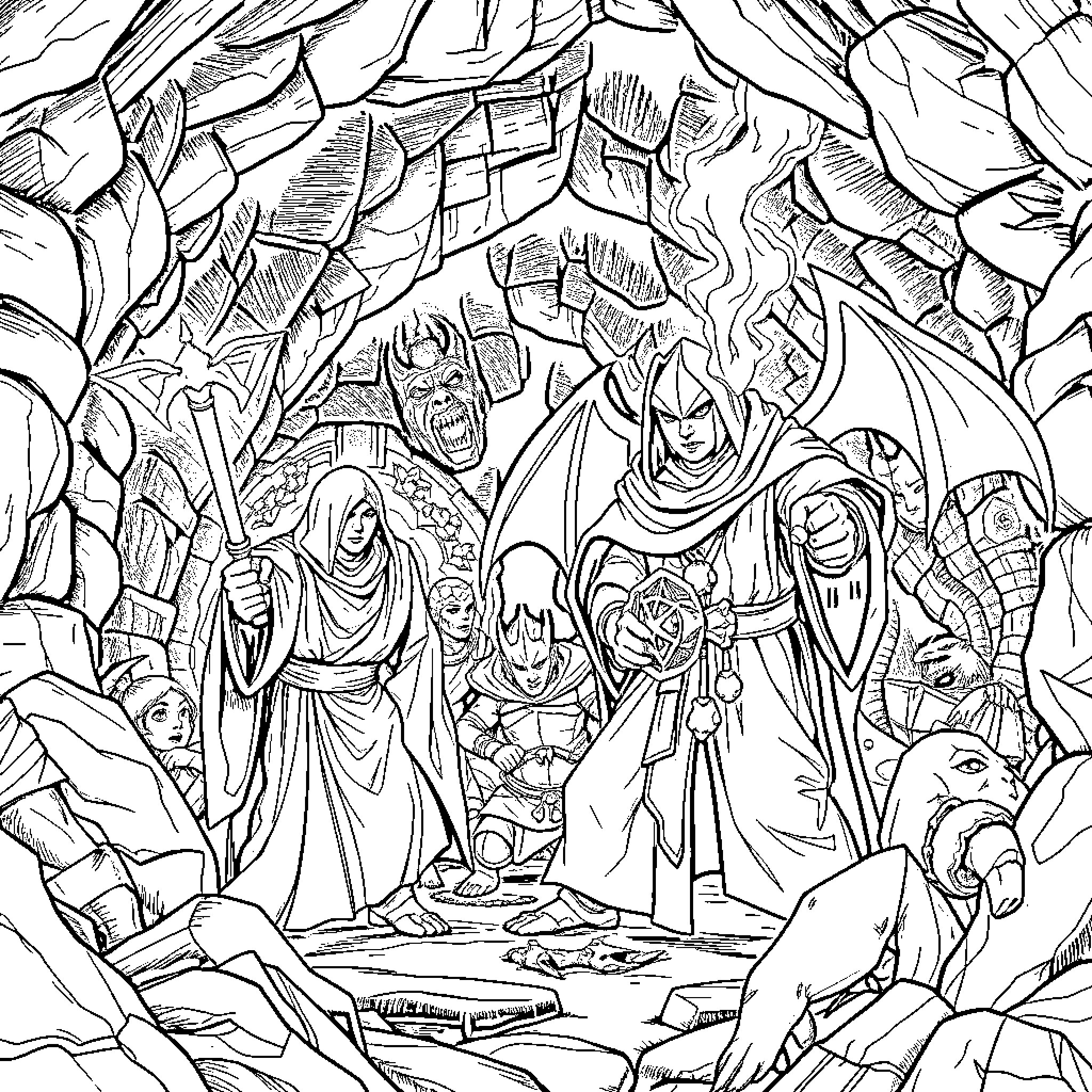 Dungeonmaster's Realm: Mystical Figures in Fantastical Landscape Coloring Page (free black-and-white line drawing printable PDF for all, from beginners to advanced learners, including children, teens, adults, and seniors)