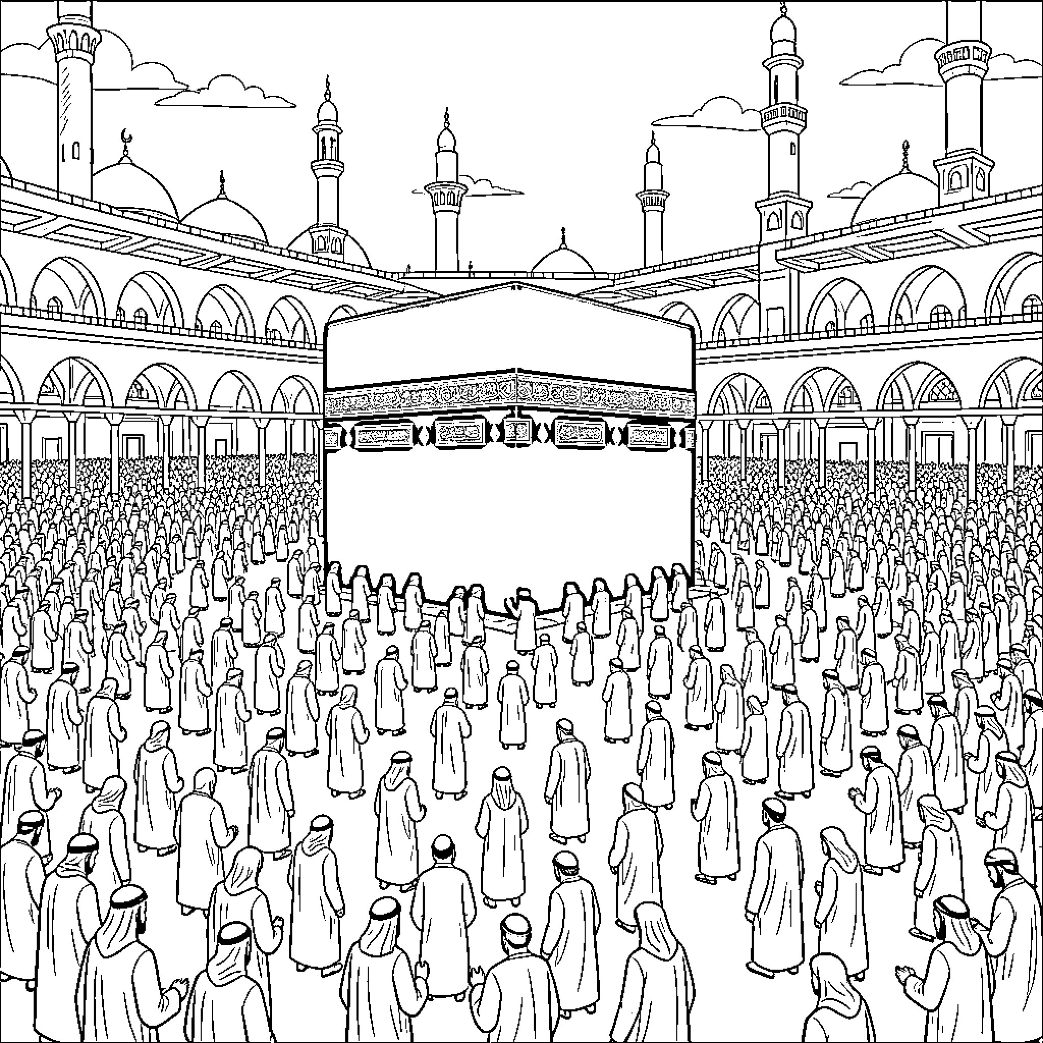 Mecca pilgrims performing rituals around the Kaaba Coloring Page (free black-and-white line drawing printable PDF for all, from beginners to advanced learners, including children, teens, adults, and seniors)