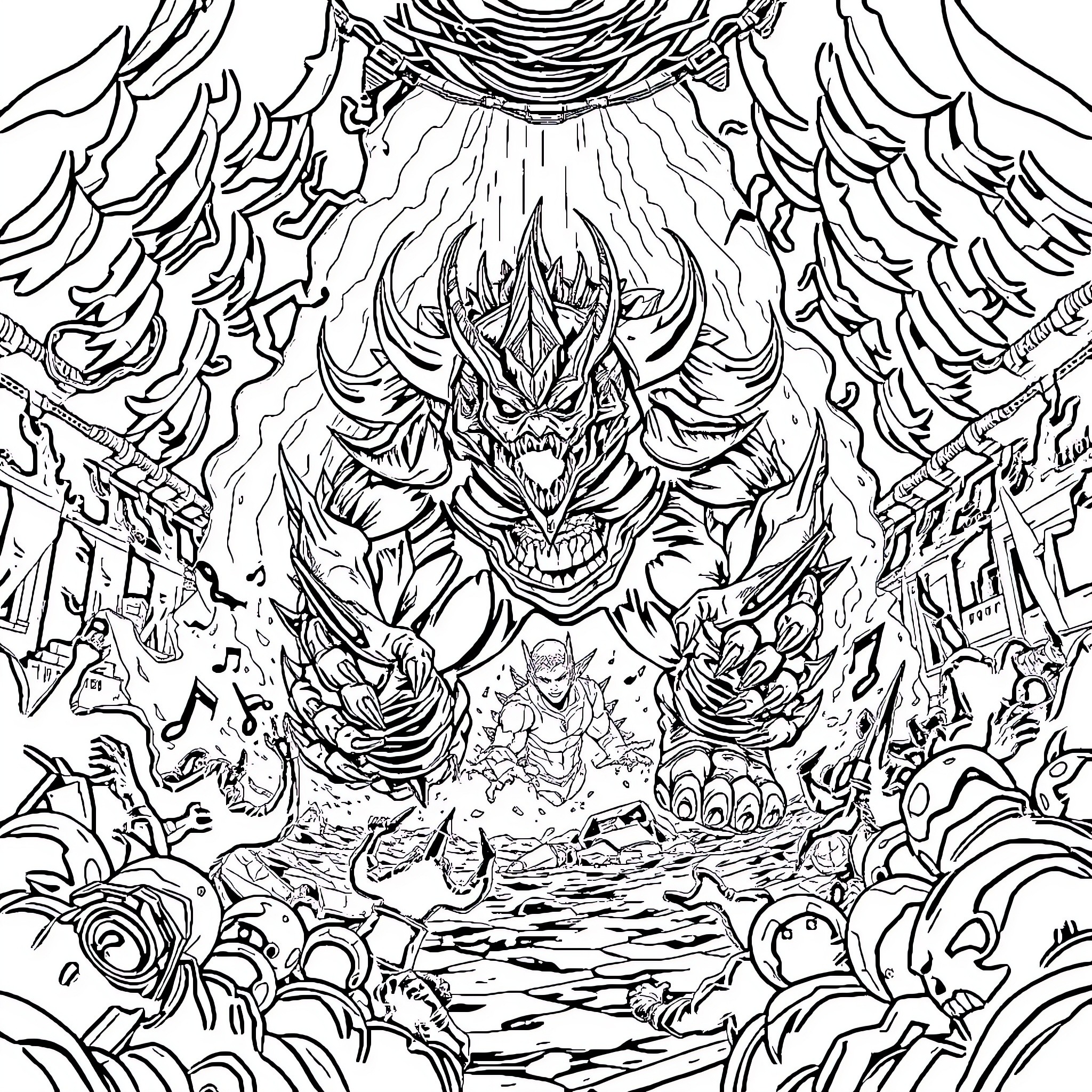 Boss Dragon Warrior Emerging from Fiery Depths Coloring Page (free black-and-white line drawing printable PDF for all, from beginners to advanced learners, including children, teens, adults, and seniors)
