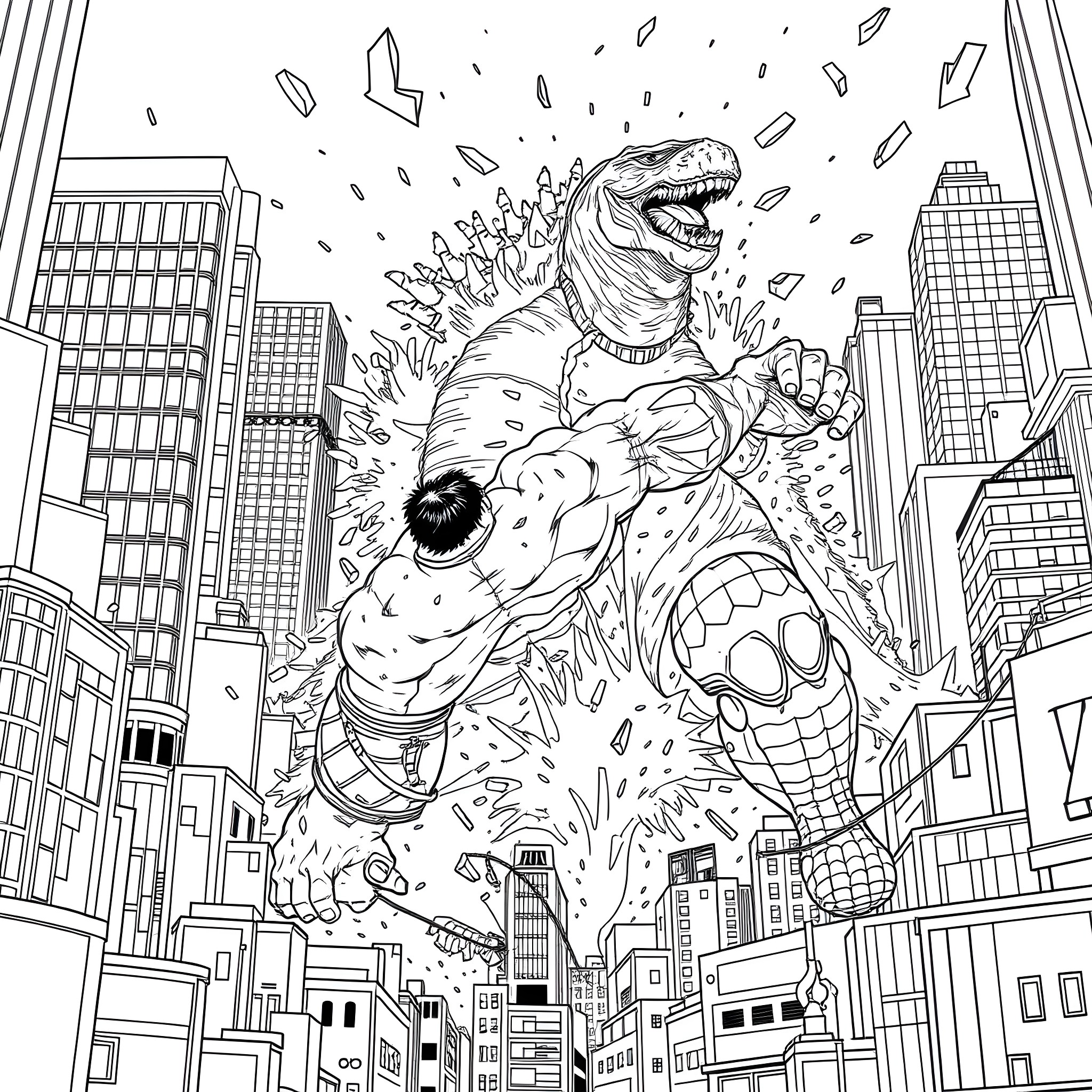 Hulk-like Monster Rampaging Through the City Coloring Page (free black-and-white line drawing printable PDF for all, from beginners to advanced learners, including children, teens, adults, and seniors)
