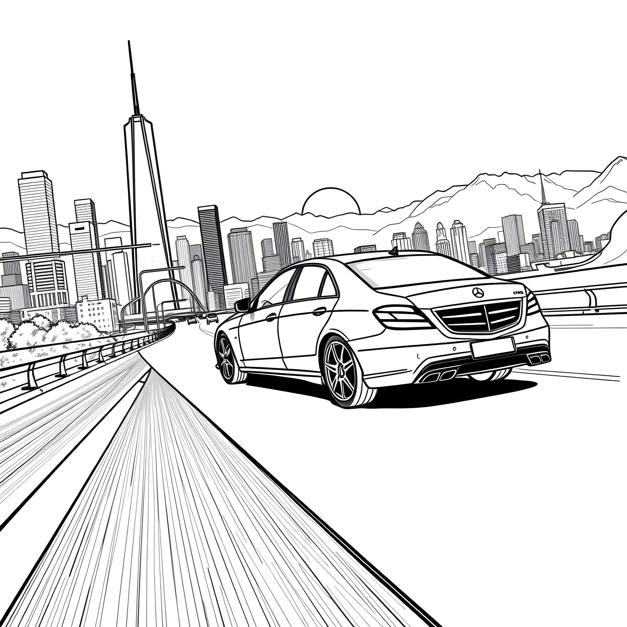 Mercedes sports car speeding through city skyline Coloring Page (free black-and-white line drawing printable PDF for all, from beginners to advanced learners, including children, teens, adults, and seniors)