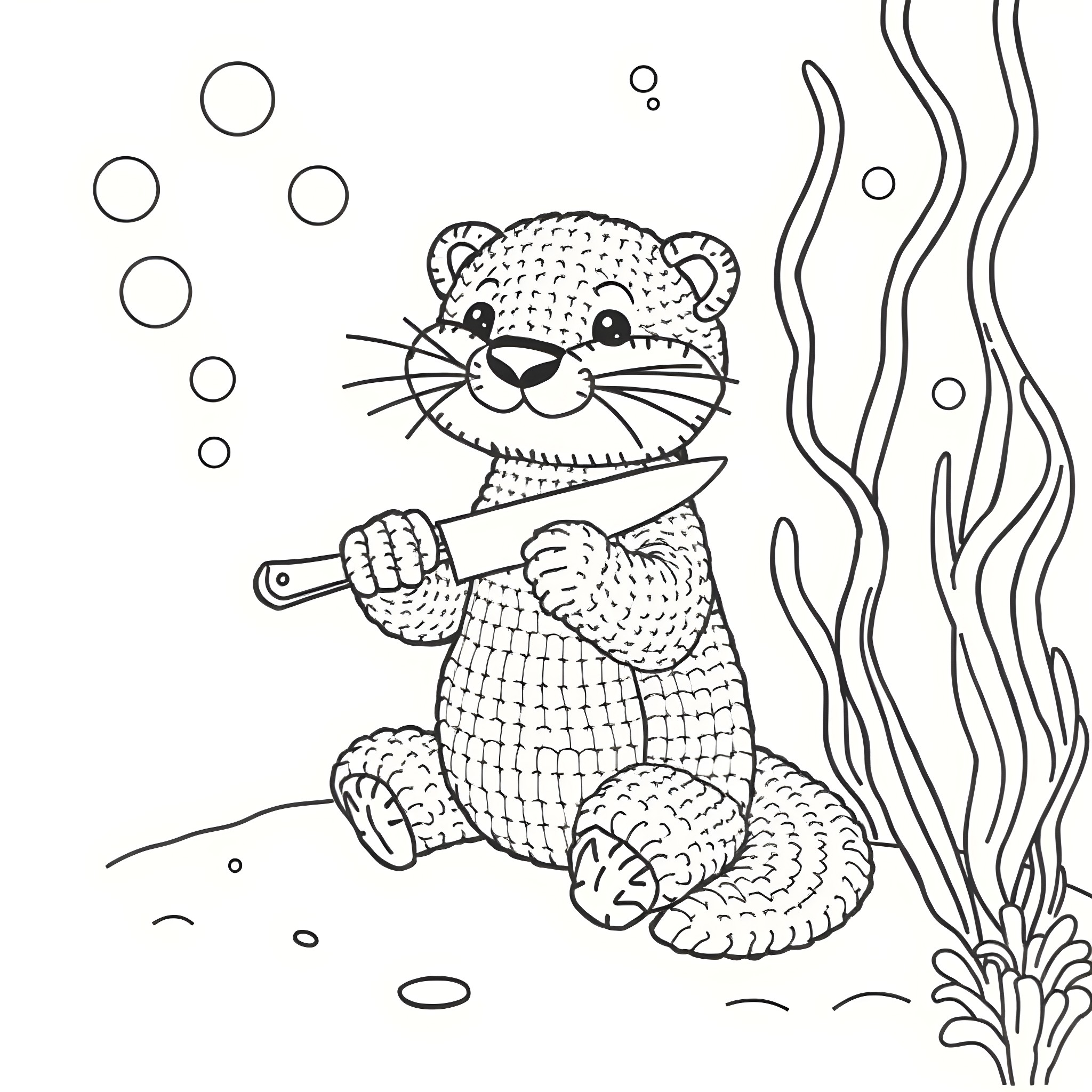 Otter playing with a scrub brush in the ocean Coloring Page (free black-and-white line drawing printable PDF for all, from beginners to advanced learners, including children, teens, adults, and seniors)