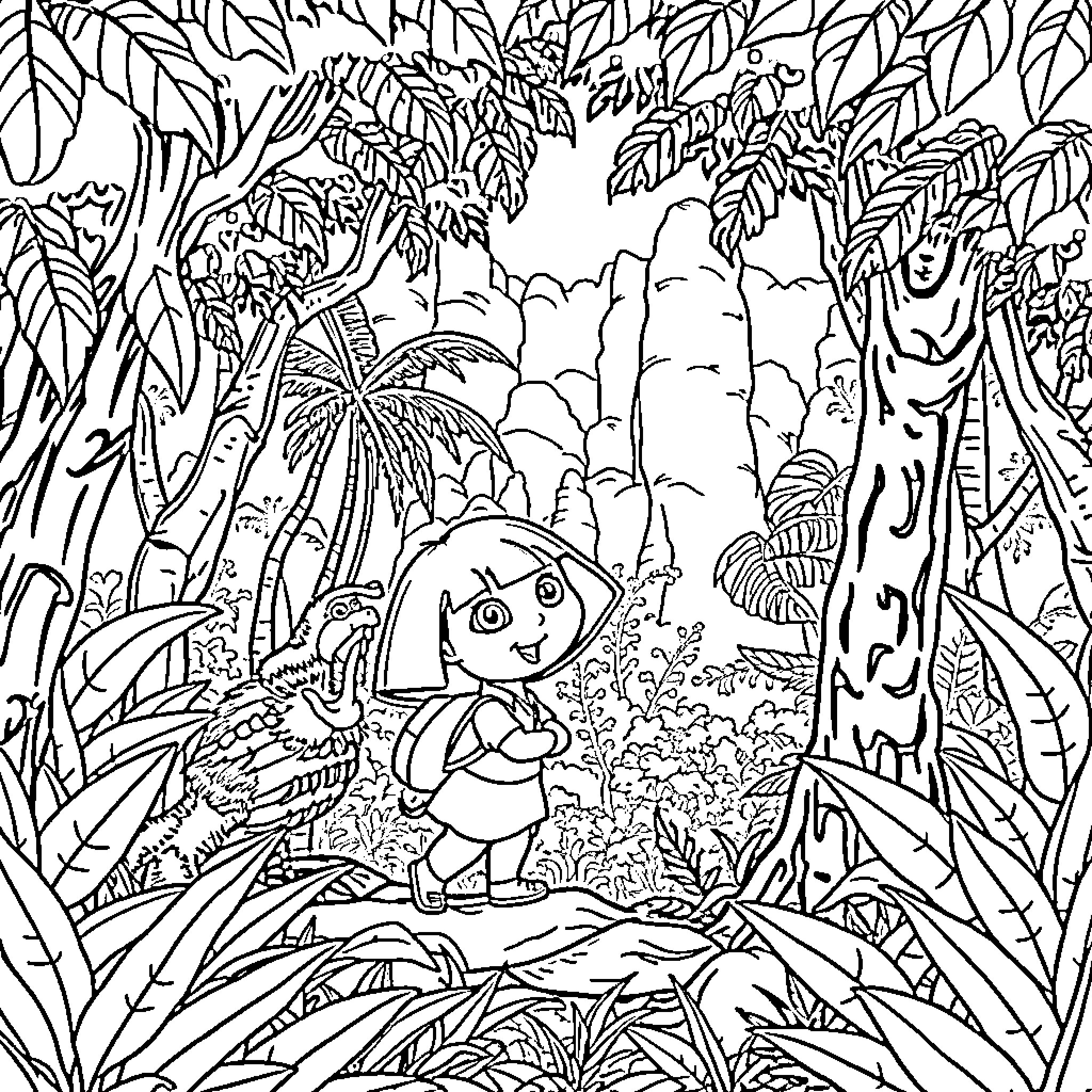 Dora exploring the vibrant jungle landscape Coloring Page (free black-and-white line drawing printable PDF for all, from beginners to advanced learners, including children, teens, adults, and seniors)