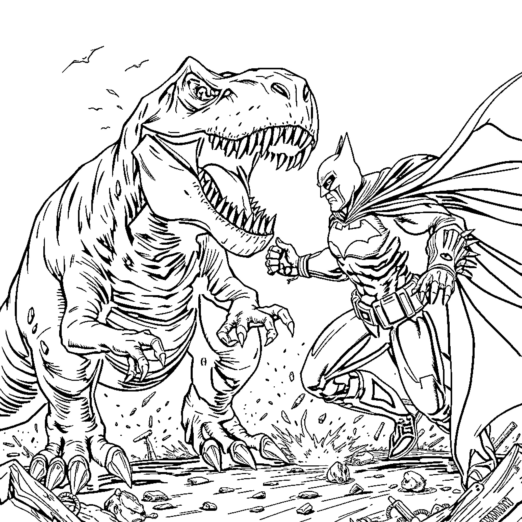 T-Rex battling heroic warrior in rocky landscape Coloring Page (free black-and-white line drawing printable PDF for all, from beginners to advanced learners, including children, teens, adults, and seniors)