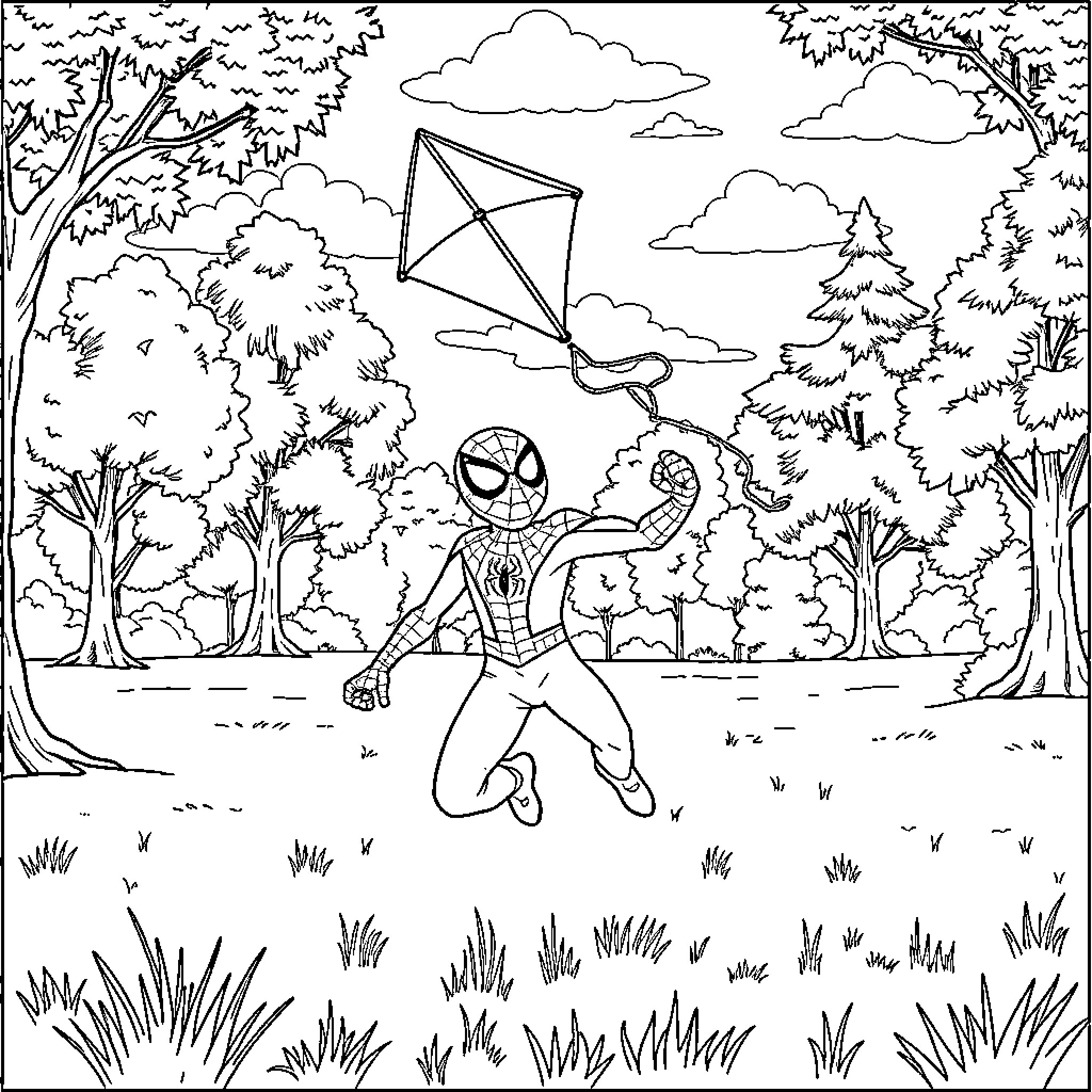 Spiderman enjoying a day in the forest Coloring Page (free black-and-white line drawing printable PDF for all, from beginners to advanced learners, including children, teens, adults, and seniors)