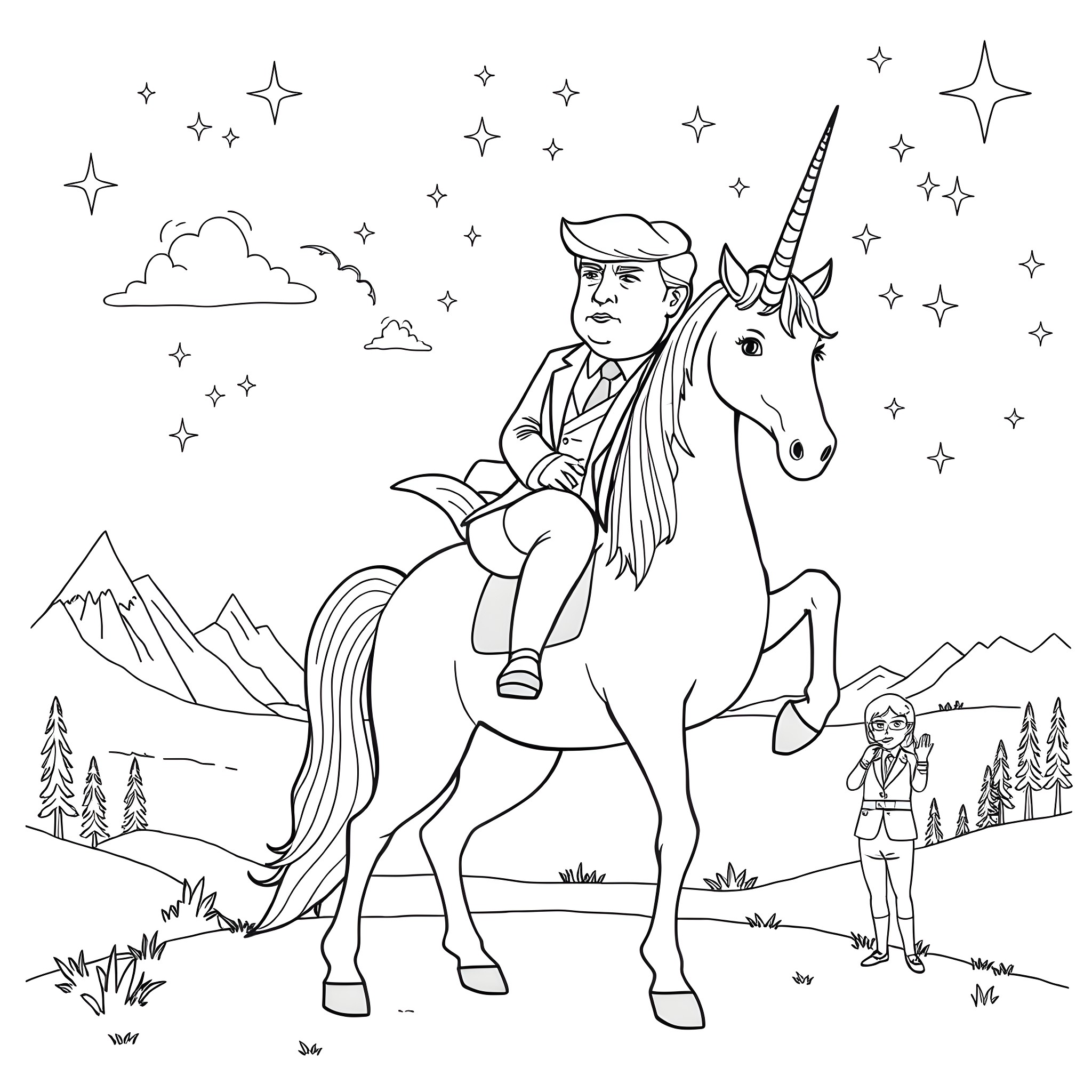 Trump riding a unicorn in a fantastical landscape Coloring Page (free black-and-white line drawing printable PDF for all, from beginners to advanced learners, including children, teens, adults, and seniors)