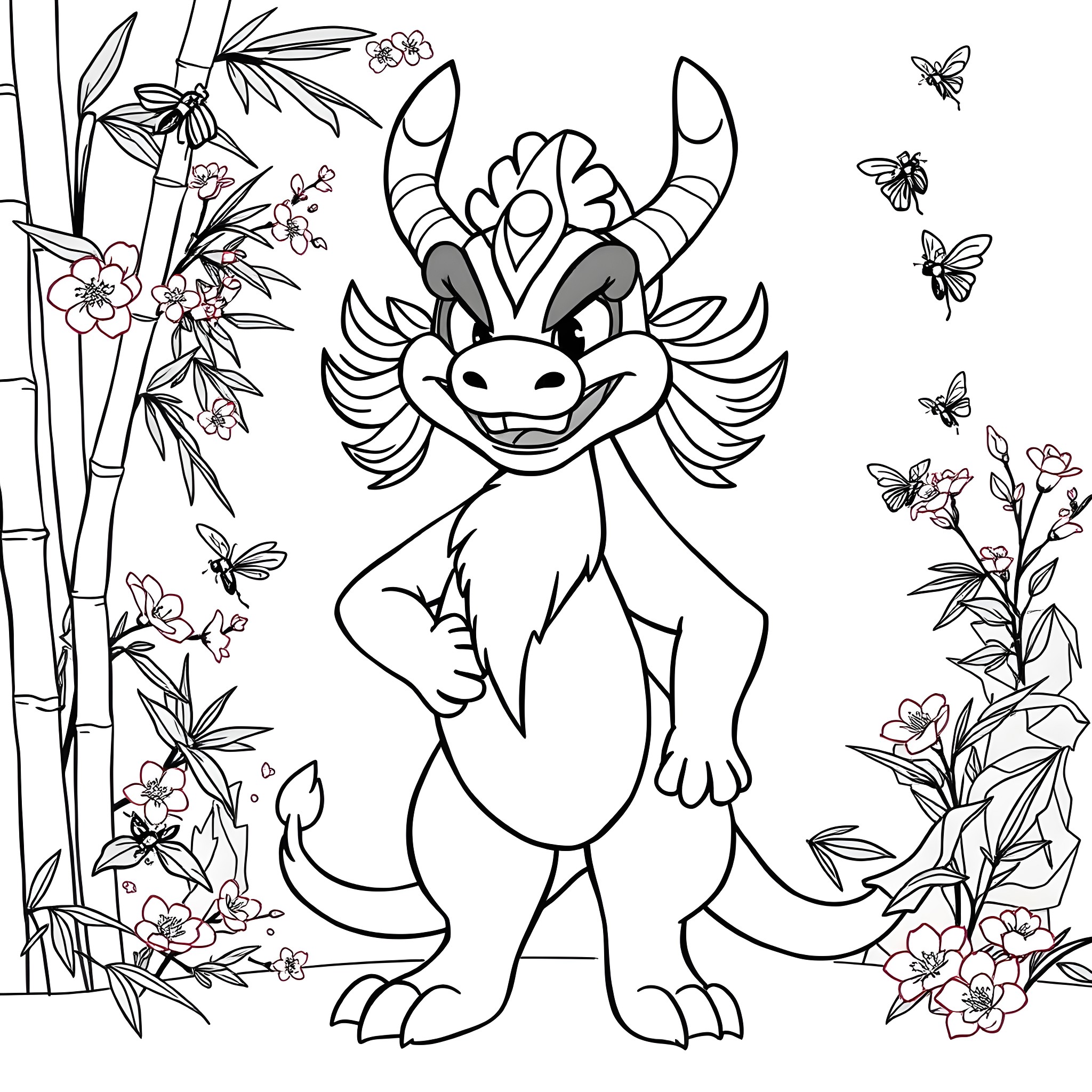Mushu the Friendly Dragon in a Floral Garden Coloring Page (free black-and-white line drawing printable PDF for all, from beginners to advanced learners, including children, teens, adults, and seniors)