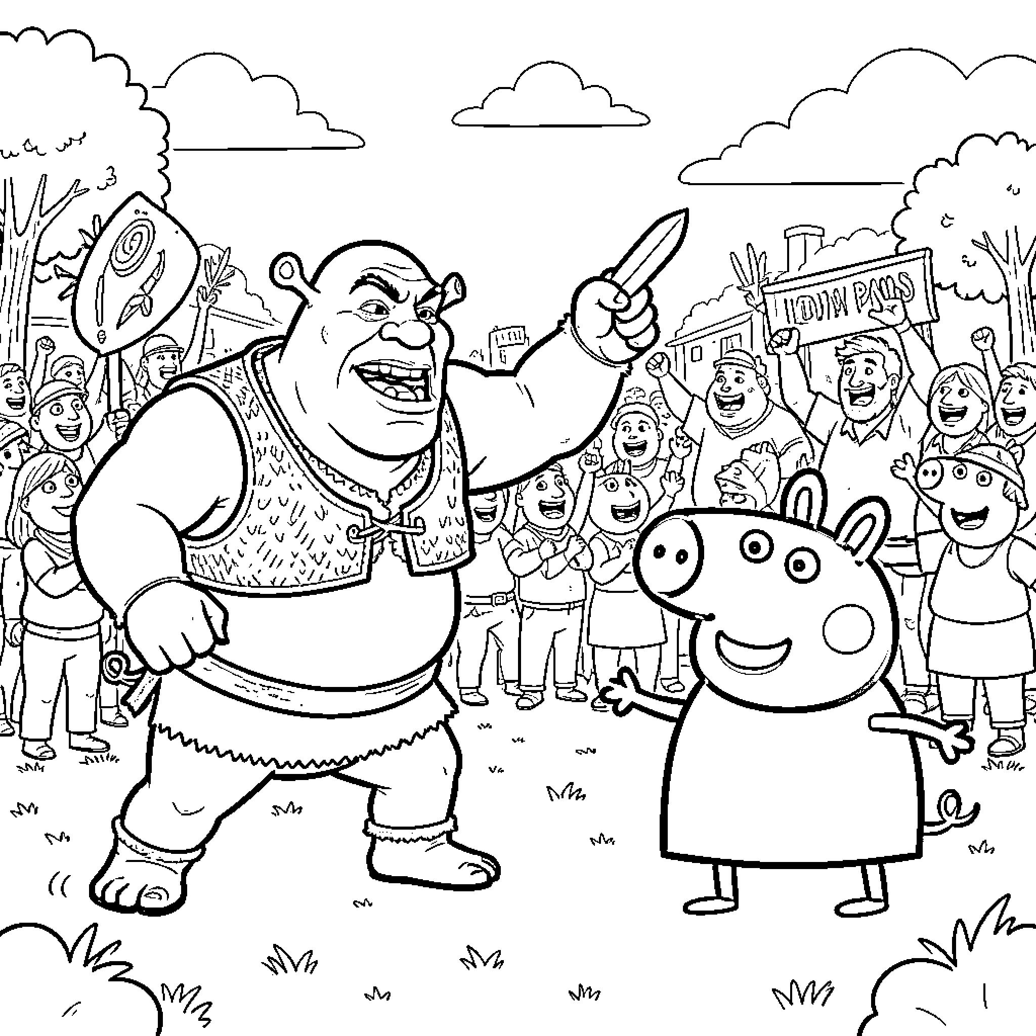 Shrek laughing joyfully while surrounded by cheering friends Coloring Page (free black-and-white line drawing printable PDF for all, from beginners to advanced learners, including children, teens, adults, and seniors)