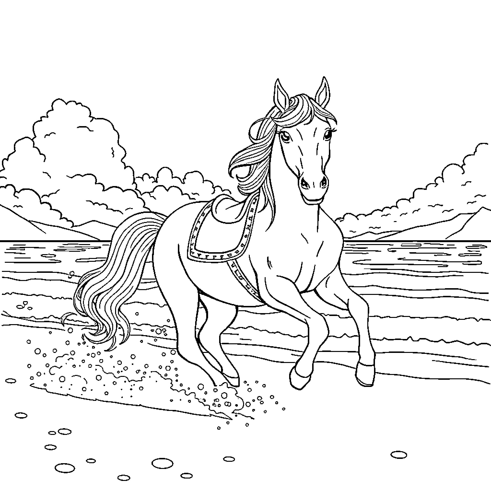 Girl riding majestic horse by the sea Coloring Page (free black-and-white line drawing printable PDF for all, from beginners to advanced learners, including children, teens, adults, and seniors)