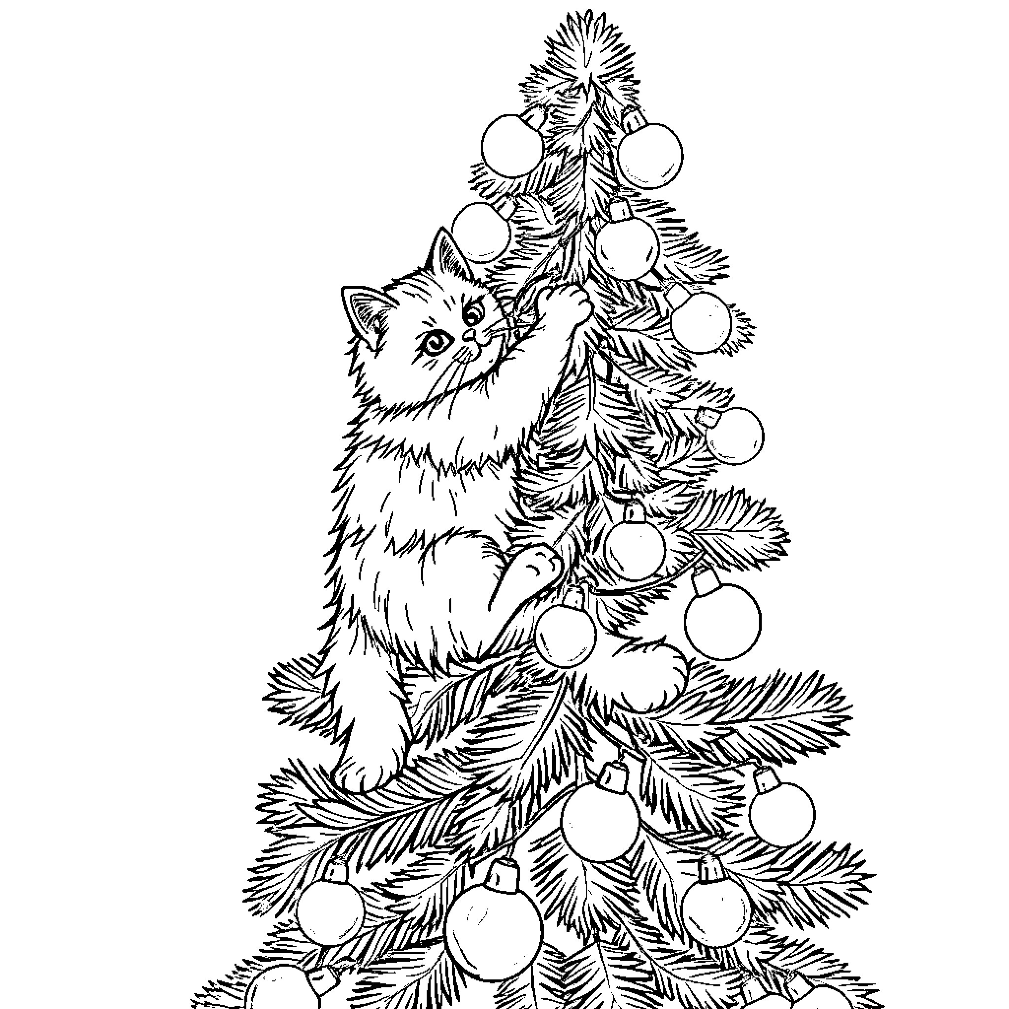 Cat exploring decorated Christmas tree Coloring Page (free black-and-white line drawing printable PDF for all, from beginners to advanced learners, including children, teens, adults, and seniors)
