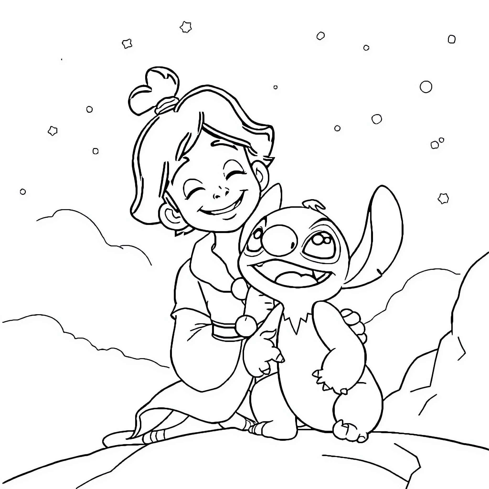 Aladdin and Stitch's Playful Adventure Coloring Page (free black-and-white line drawing printable PDF for all, from beginners to advanced learners, including children, teens, adults, and seniors)