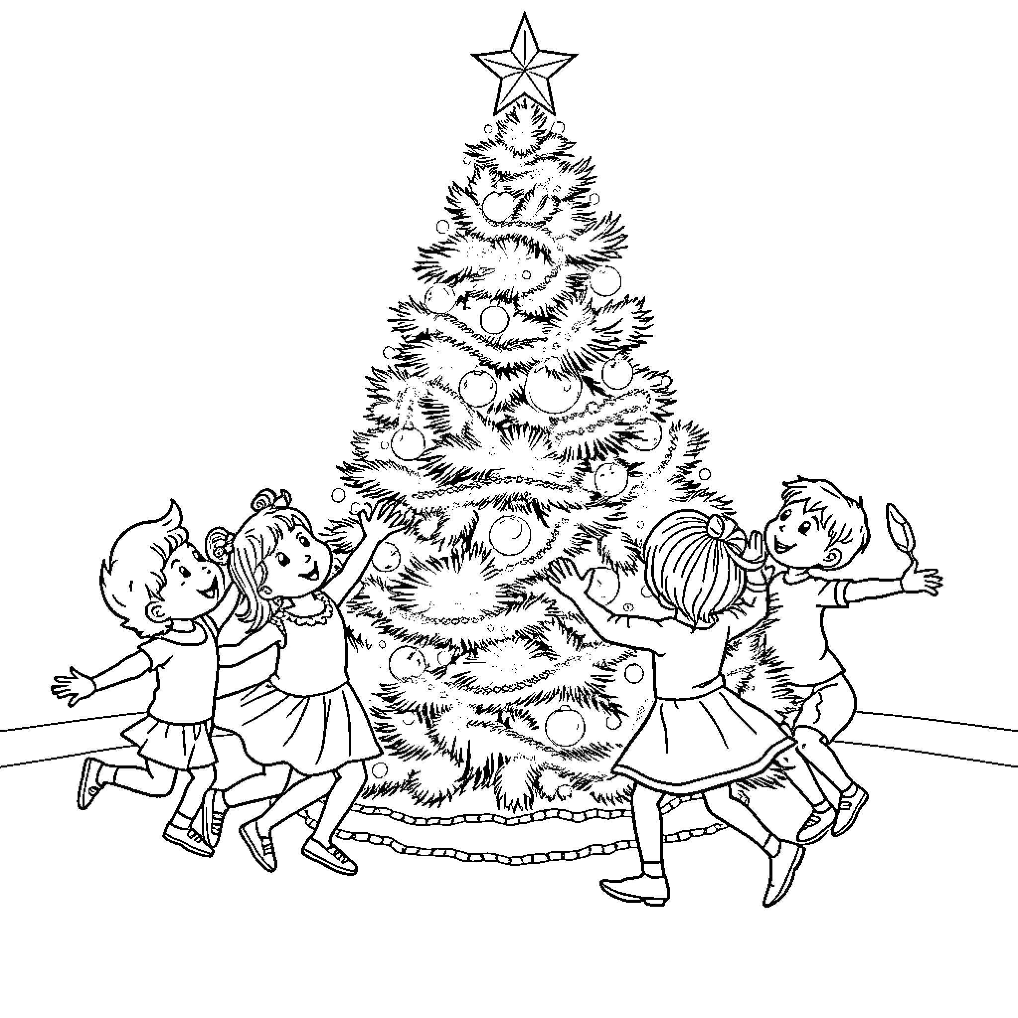Child decorating Christmas tree with family Coloring Page (free black-and-white line drawing printable PDF for all, from beginners to advanced learners, including children, teens, adults, and seniors)