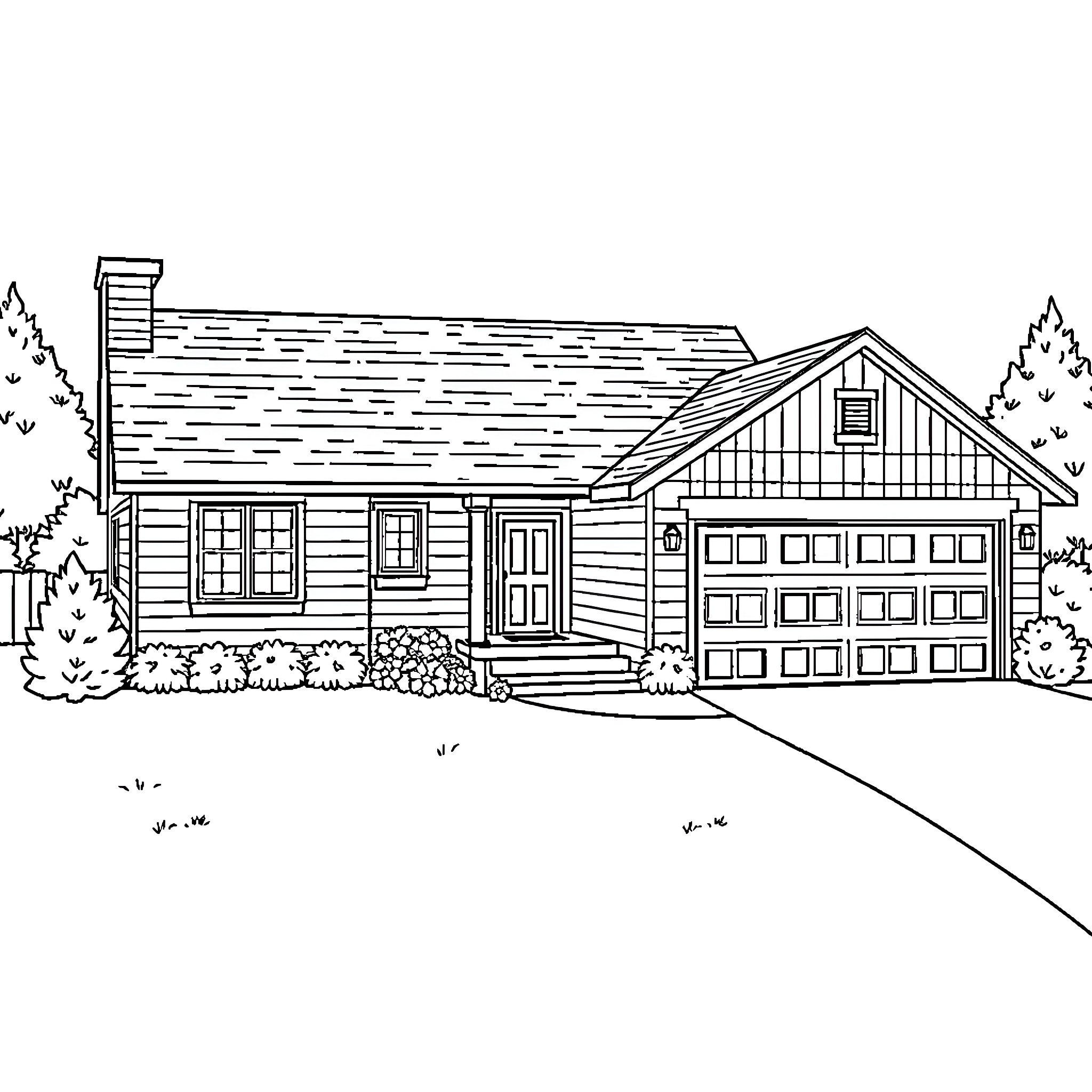 House with garage and landscaped yard Coloring Page (free black-and-white line drawing printable PDF for all, from beginners to advanced learners, including children, teens, adults, and seniors)