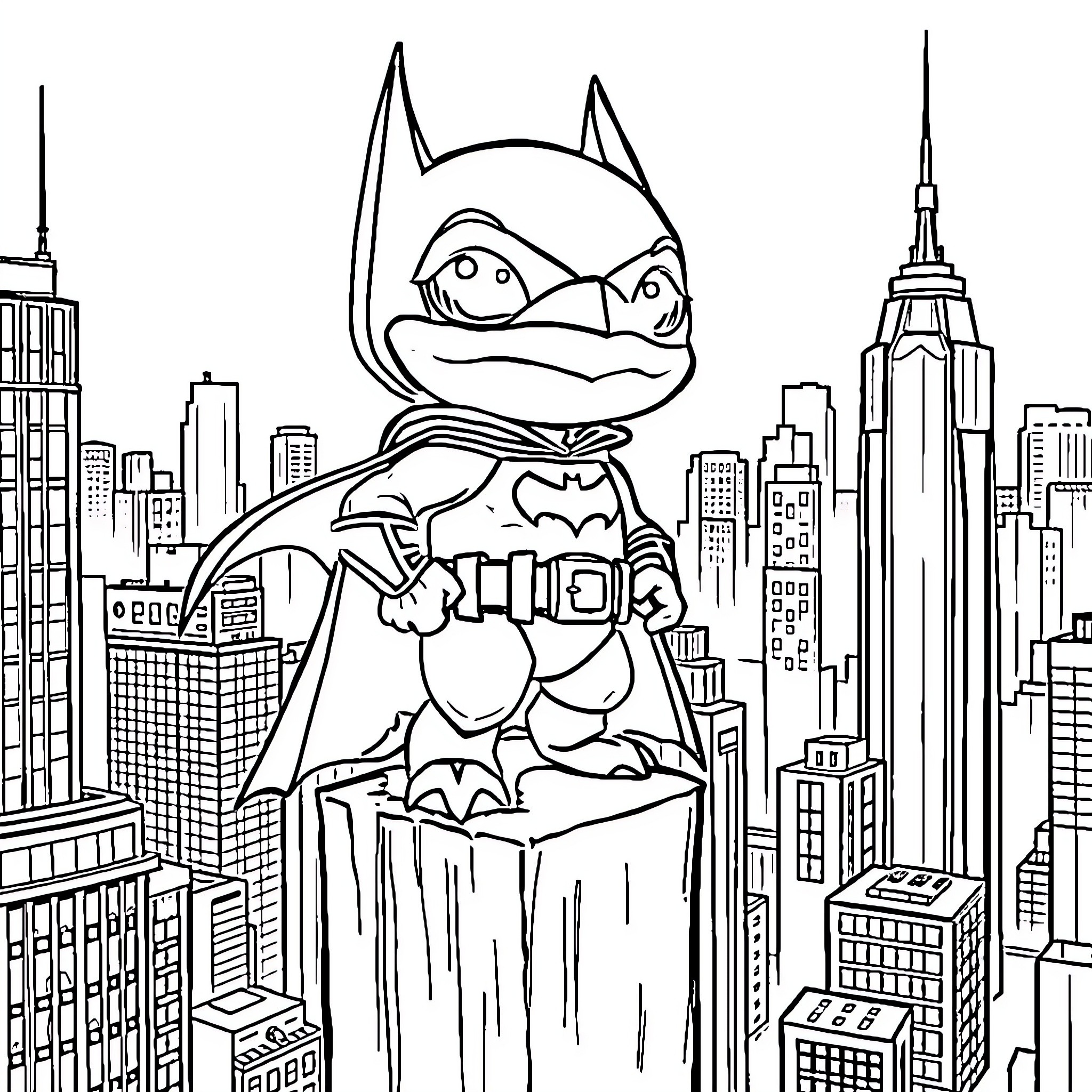 Squirtle exploring the bustling city skyline Coloring Page (free black-and-white line drawing printable PDF for all, from beginners to advanced learners, including children, teens, adults, and seniors)