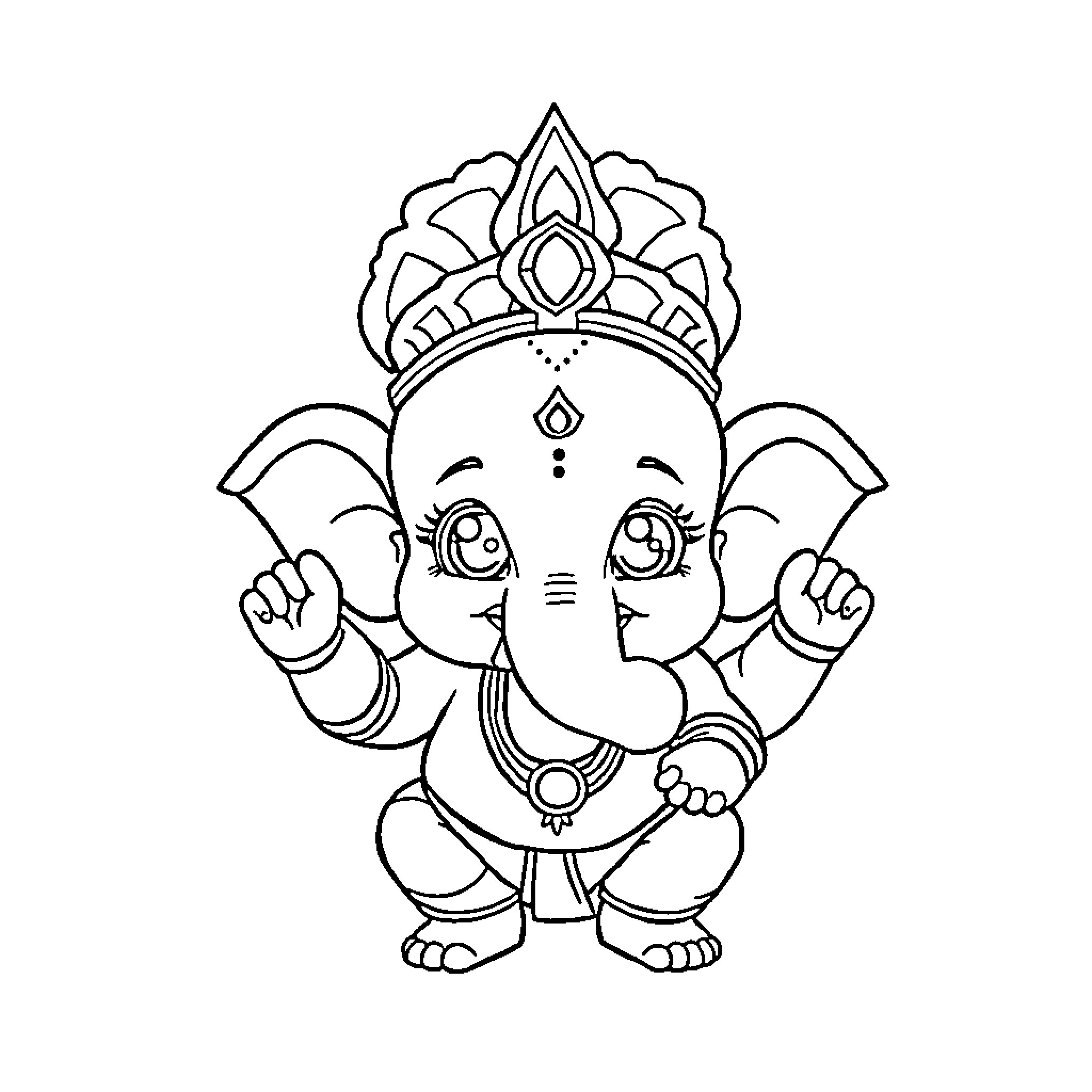 Ganesh the Elephant-Headed Deity Blessing Devotees Coloring Page (free black-and-white line drawing printable PDF for all, from beginners to advanced learners, including children, teens, adults, and seniors)