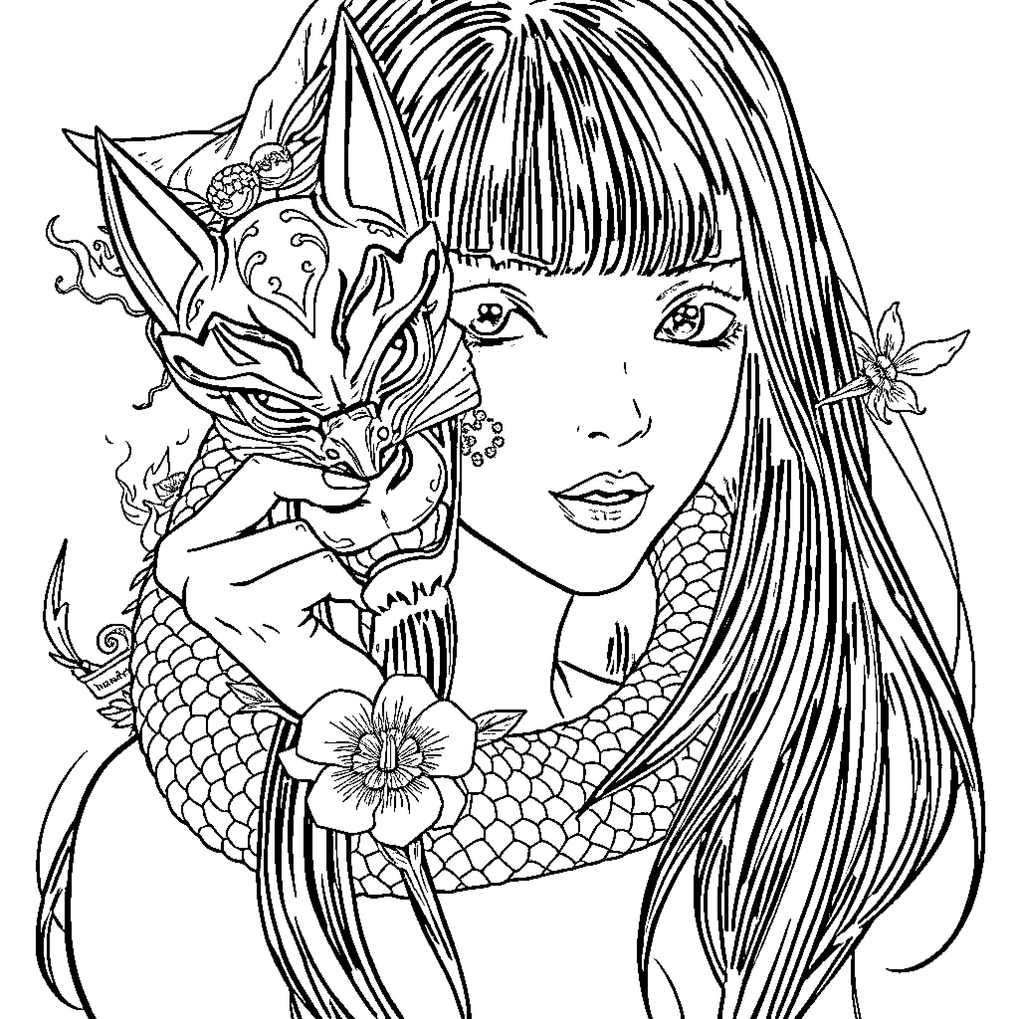Woman with floral mermaid-inspired accessories Coloring Page (free black-and-white line drawing printable PDF for all, from beginners to advanced learners, including children, teens, adults, and seniors)