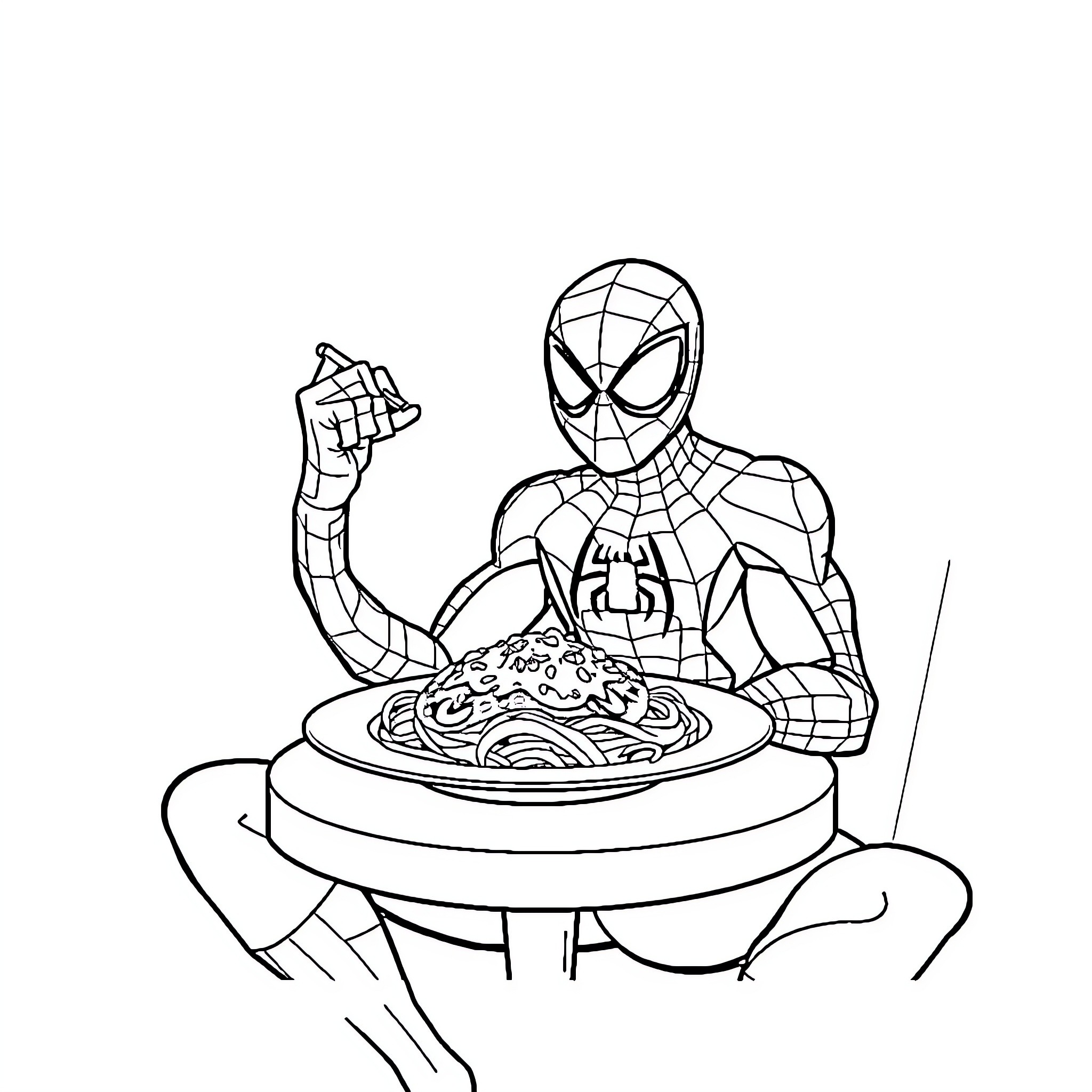 Spider-Man Enjoying a Pasta Dish Coloring Page (free black-and-white line drawing printable PDF for all, from beginners to advanced learners, including children, teens, adults, and seniors)