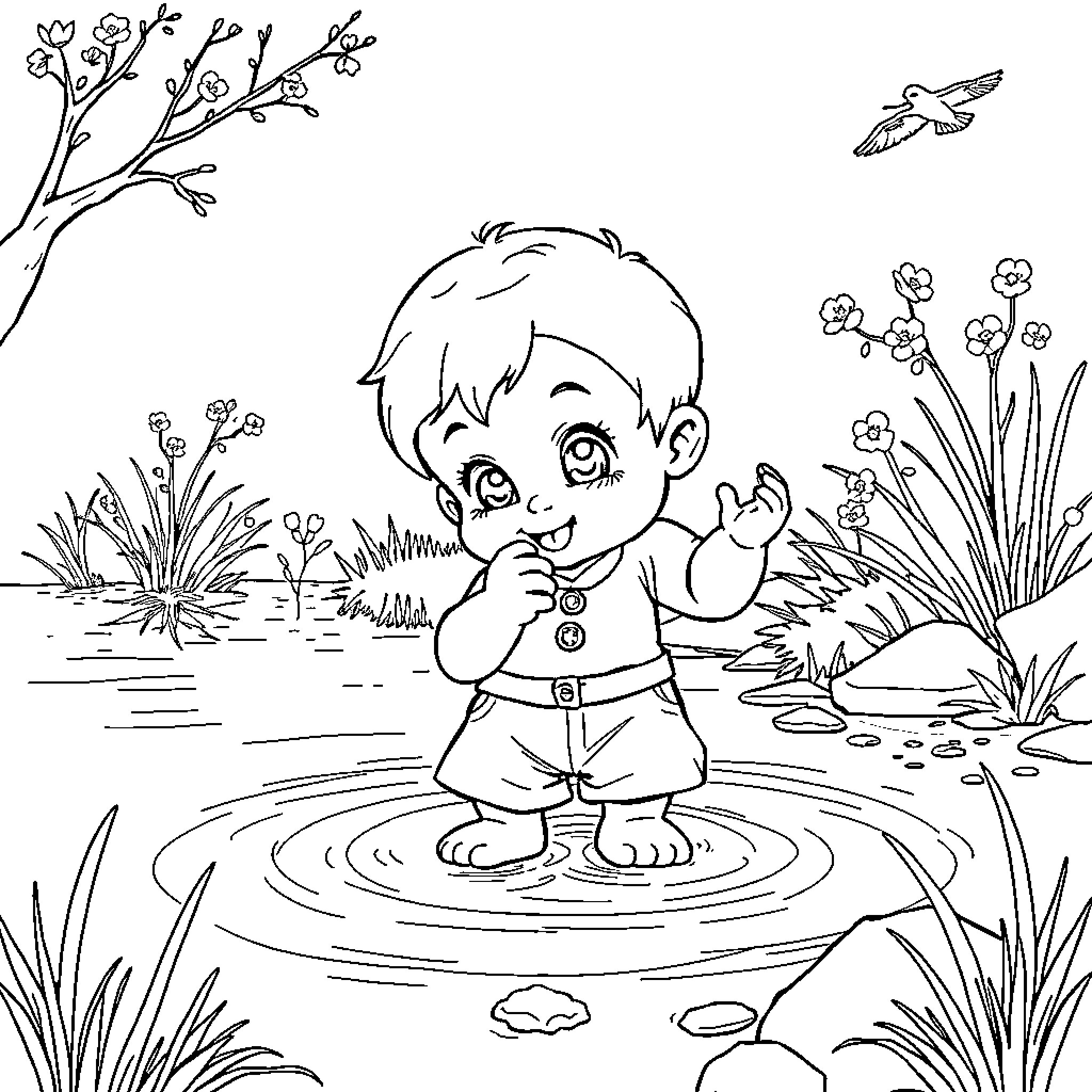Child playing joyfully in spring pond Coloring Page (free black-and-white line drawing printable PDF for all, from beginners to advanced learners, including children, teens, adults, and seniors)