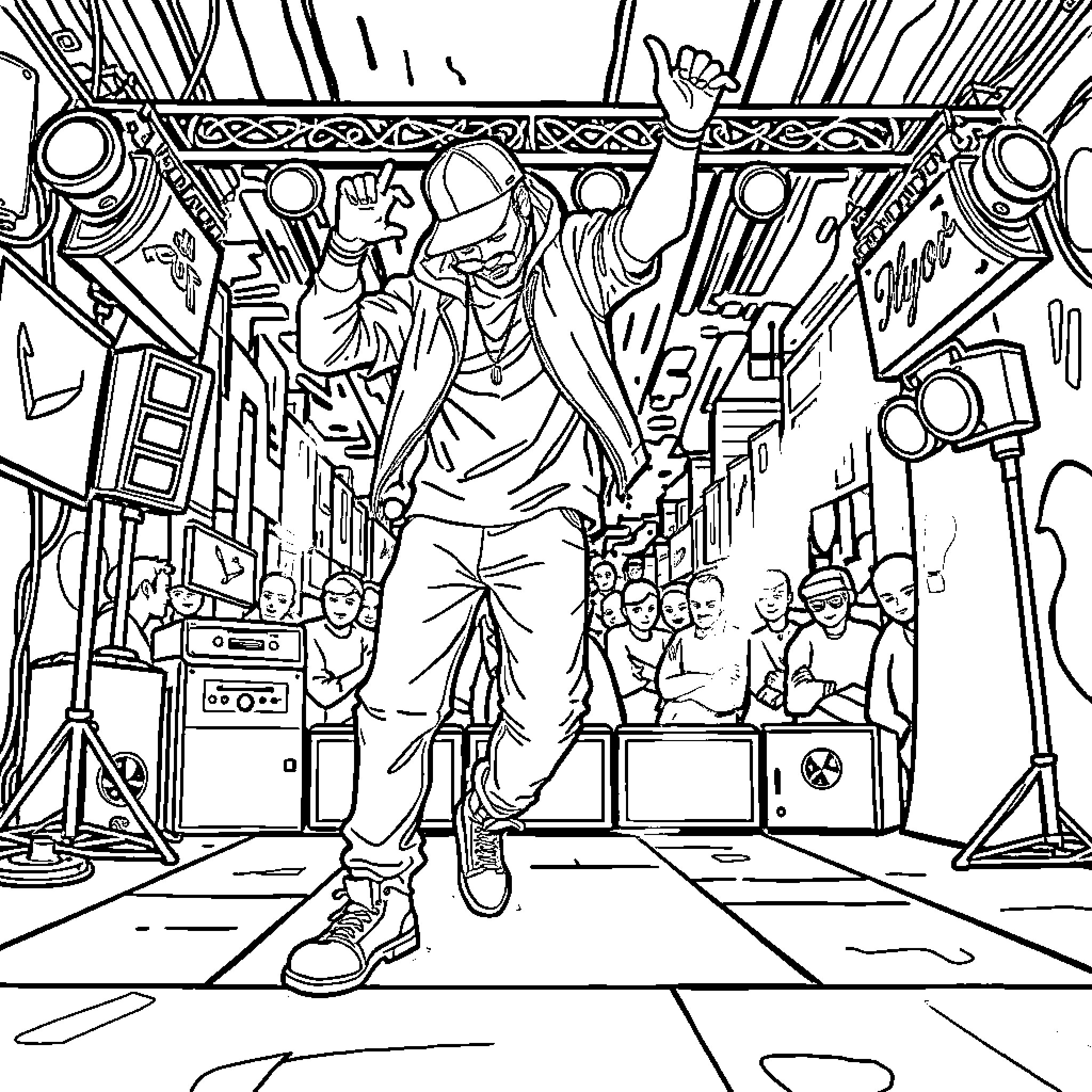 Hip Hop Dancer performing on stage with audience Coloring Page (free black-and-white line drawing printable PDF for all, from beginners to advanced learners, including children, teens, adults, and seniors)