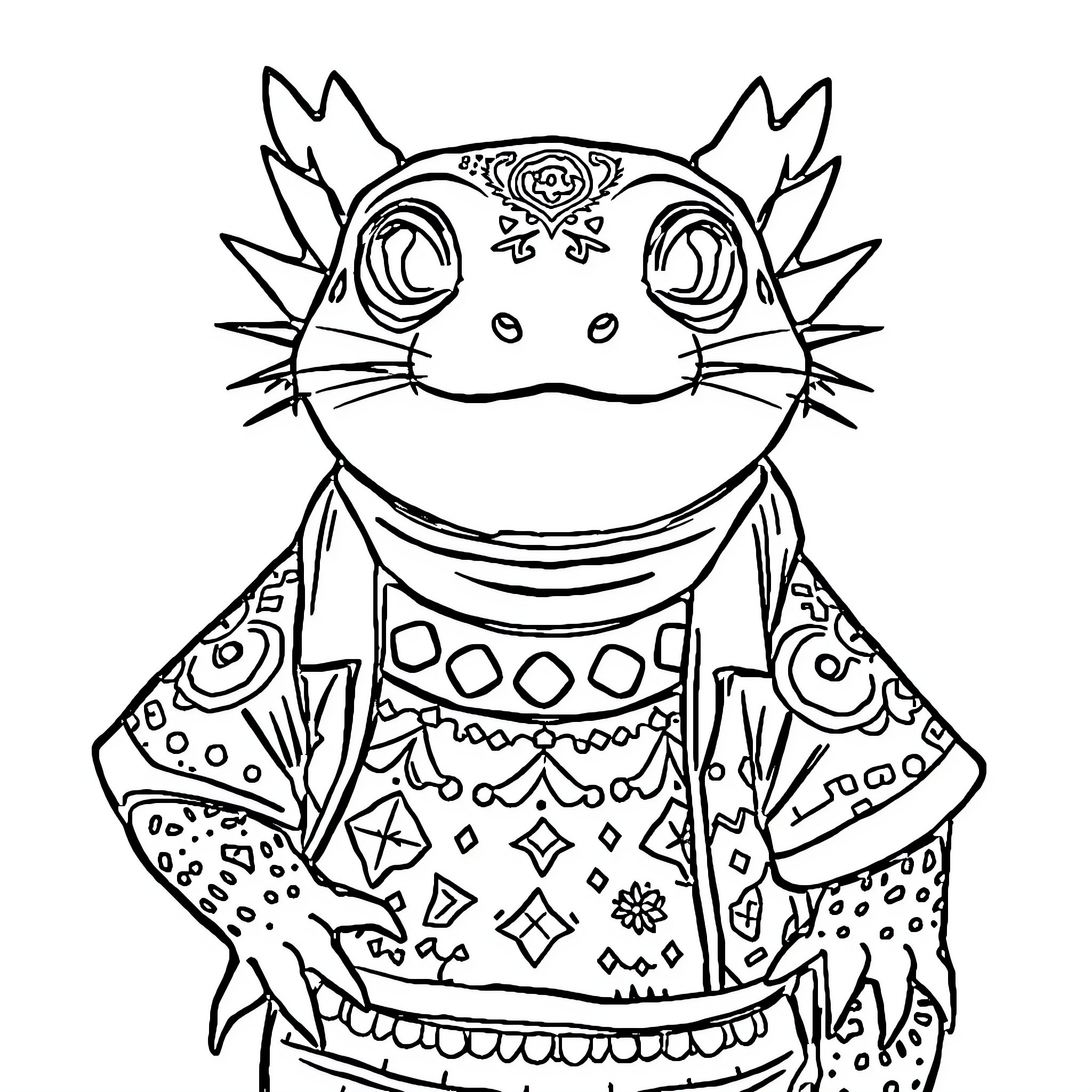 Axolotl dressed in ornate attire Coloring Page (free black-and-white line drawing printable PDF for all, from beginners to advanced learners, including children, teens, adults, and seniors)