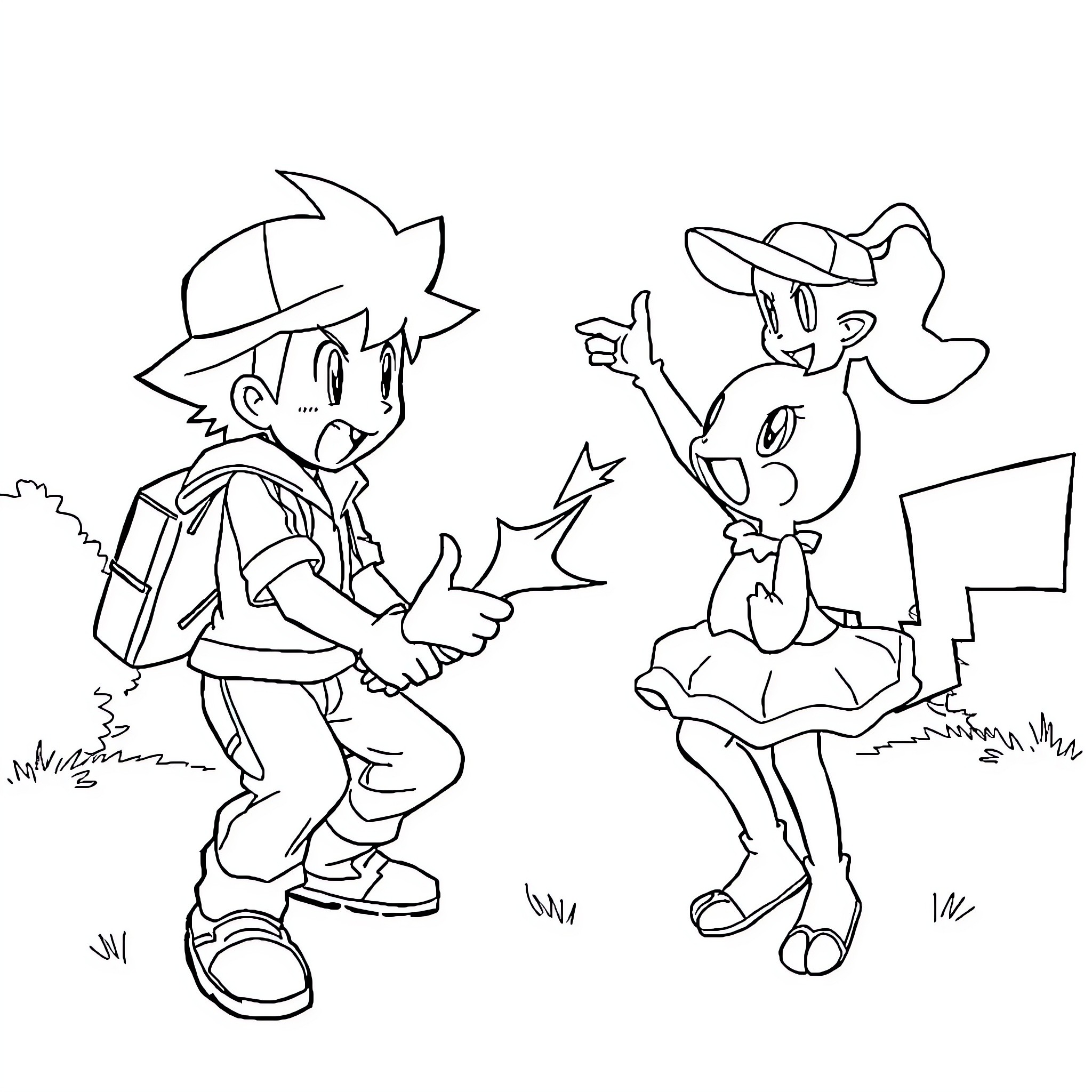 Ash Ketchum and Pikachu's Adventurous Journey Coloring Page (free black-and-white line drawing printable PDF for all, from beginners to advanced learners, including children, teens, adults, and seniors)