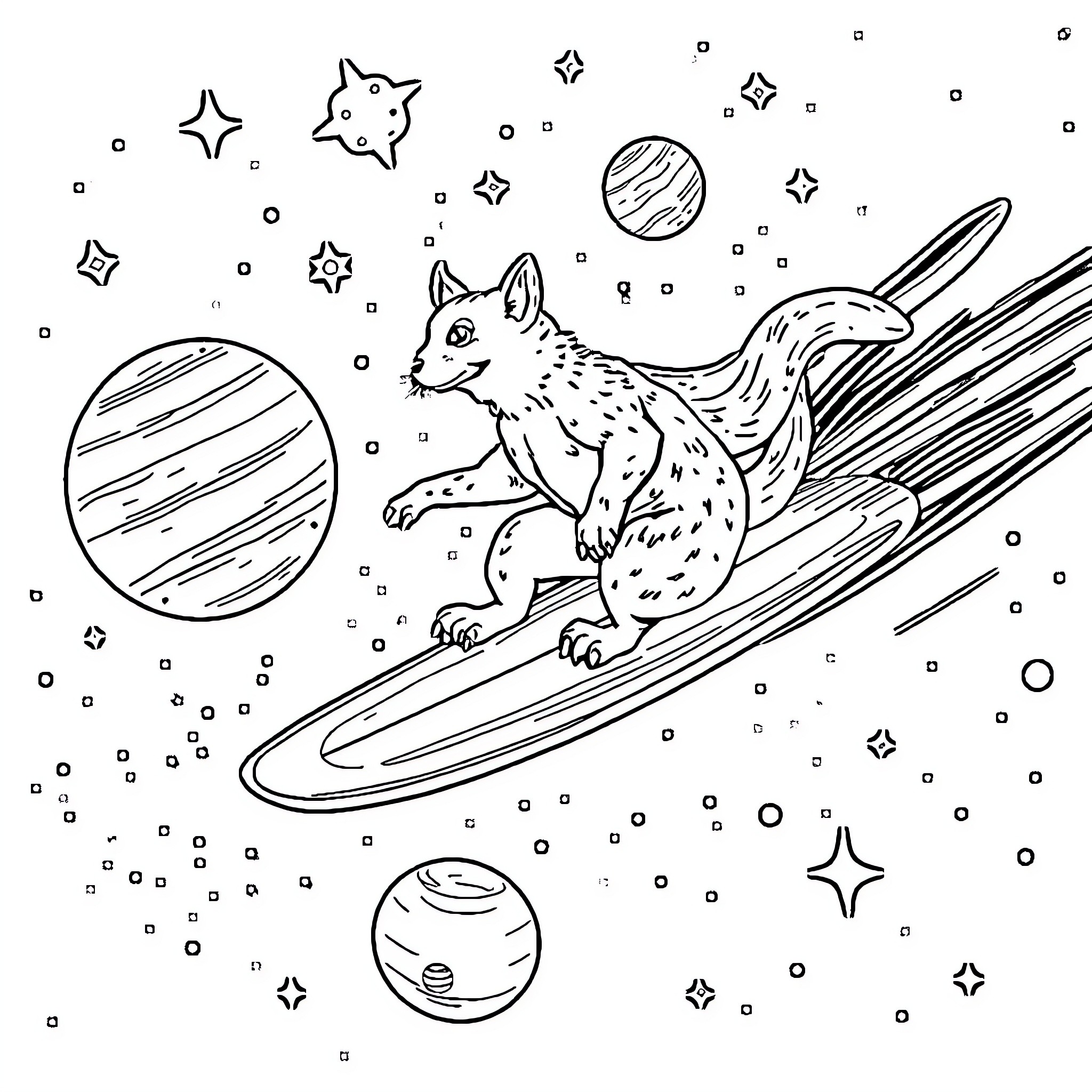 Perro surfing among the celestial stars Coloring Page (free black-and-white line drawing printable PDF for all, from beginners to advanced learners, including children, teens, adults, and seniors)
