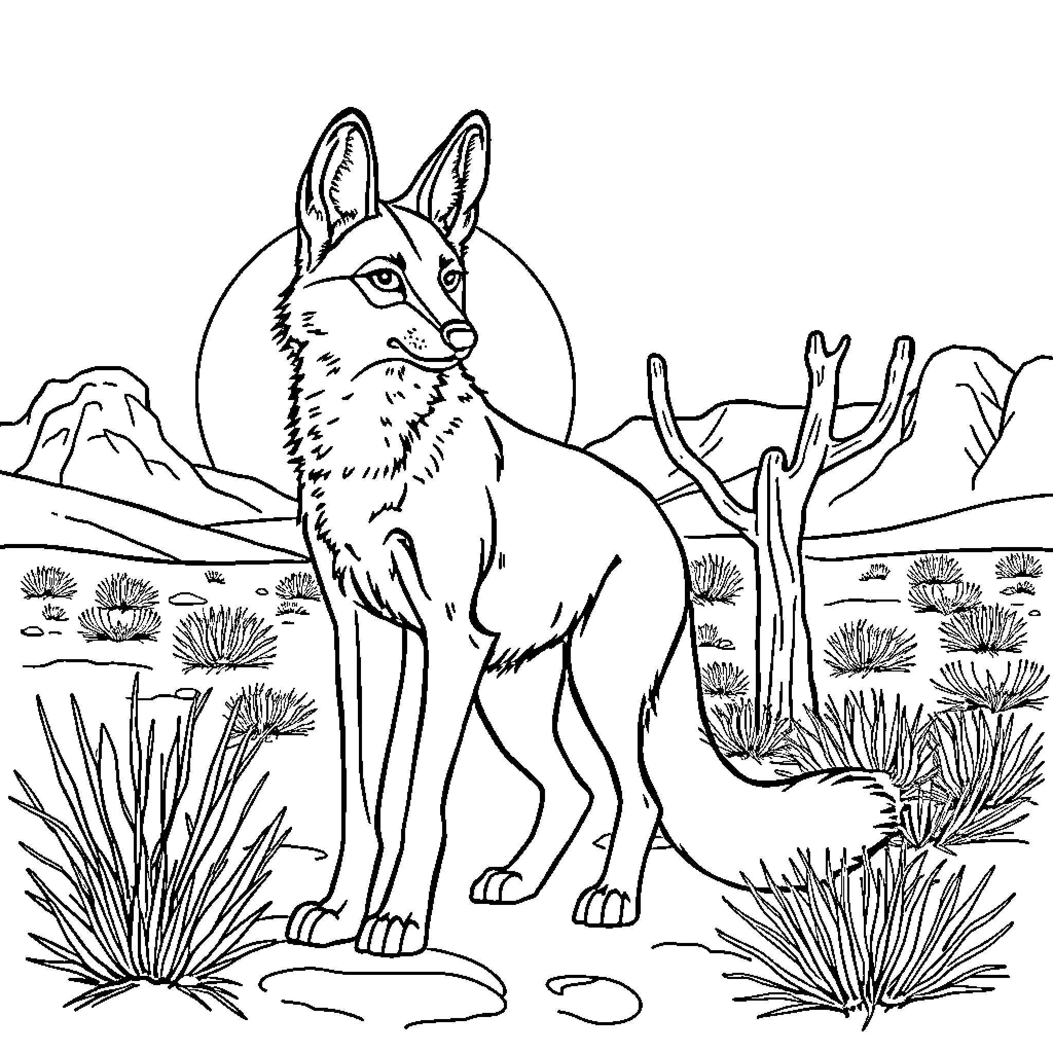 Coyote exploring the arid desert landscape Coloring Page (free black-and-white line drawing printable PDF for all, from beginners to advanced learners, including children, teens, adults, and seniors)