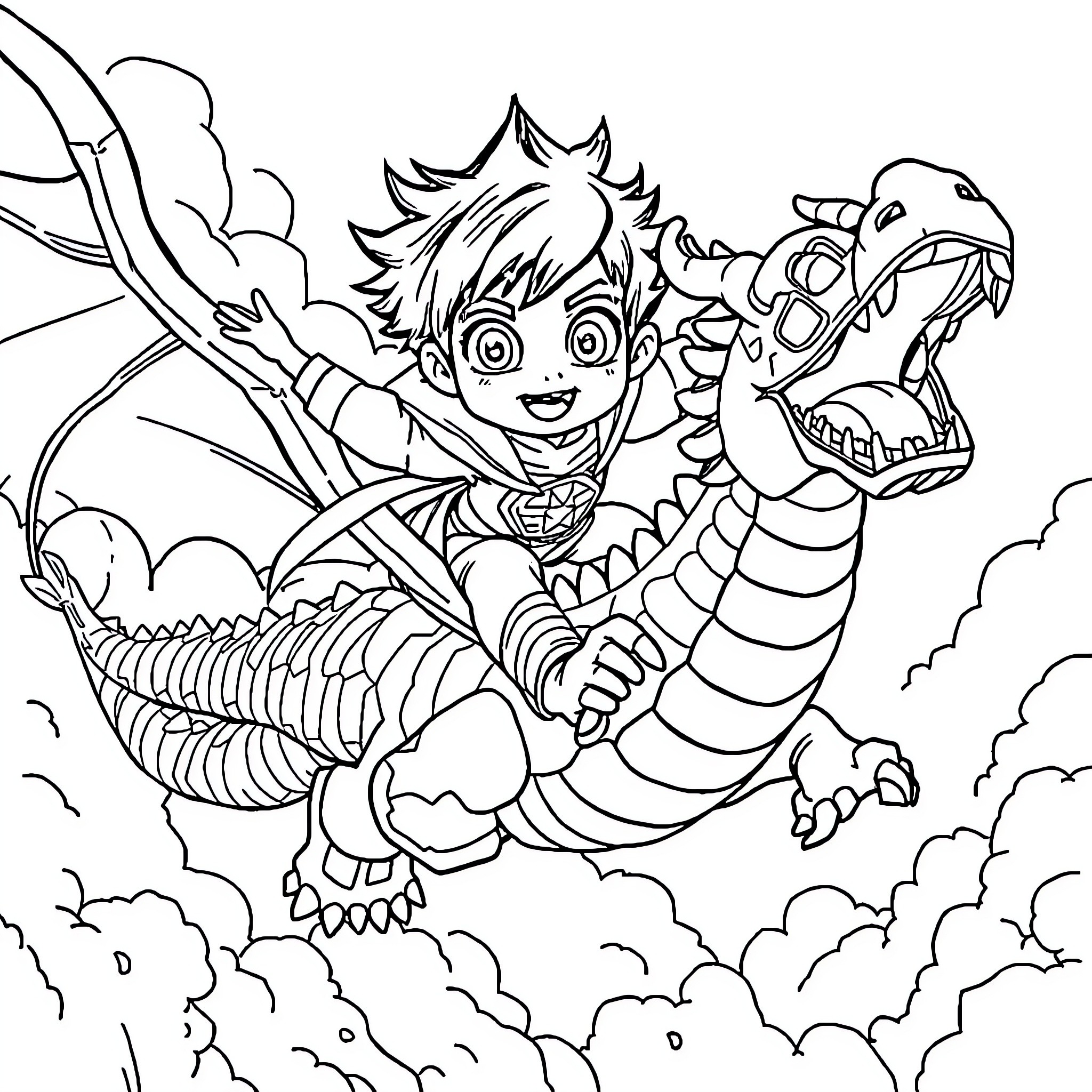 Kid riding a dragon in the sky Coloring Page (free black-and-white line drawing printable PDF for all, from beginners to advanced learners, including children, teens, adults, and seniors)