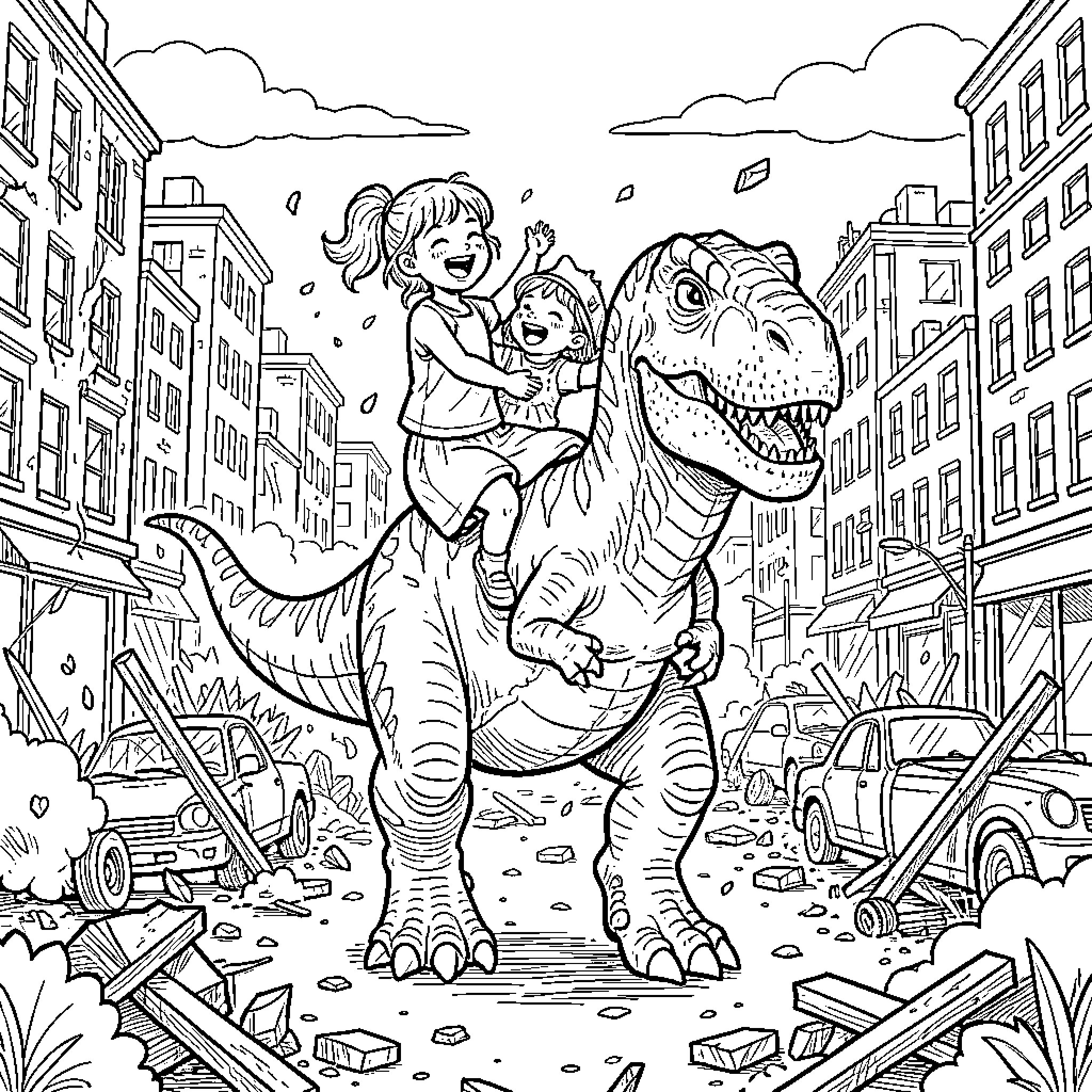 Dinosaur runs through city with children Coloring Page (free black-and-white line drawing printable PDF for all, from beginners to advanced learners, including children, teens, adults, and seniors)