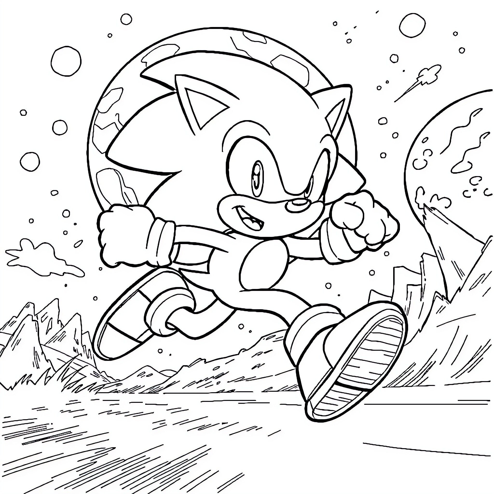Sonic speeding through a fantastical landscape Coloring Page (free black-and-white line drawing printable PDF for all, from beginners to advanced learners, including children, teens, adults, and seniors)