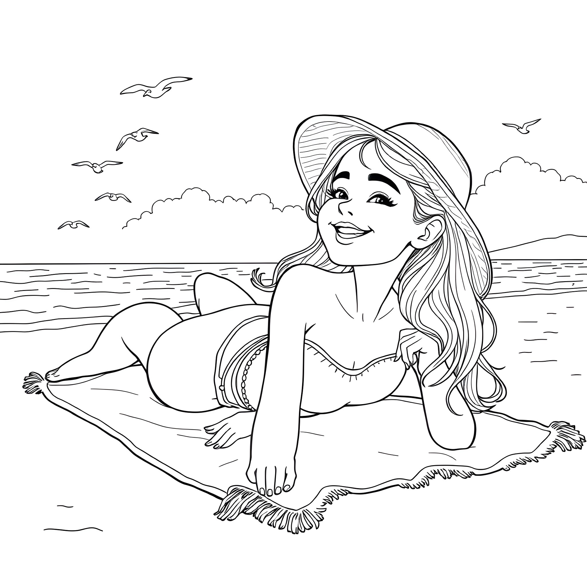 Girl enjoying a sunny day at the beach Coloring Page (free black-and-white line drawing printable PDF for all, from beginners to advanced learners, including children, teens, adults, and seniors)