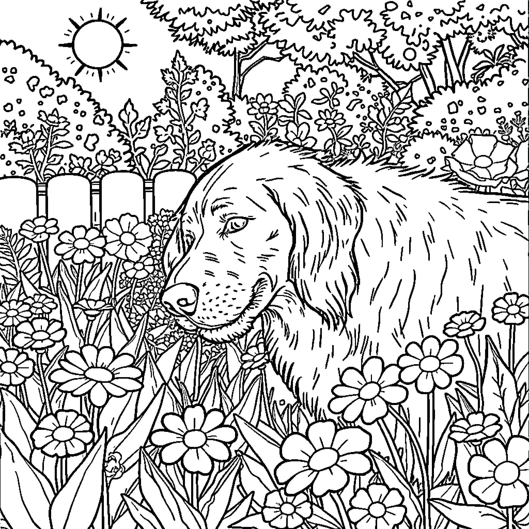 Rumi's Peaceful Garden Escape Coloring Page (free black-and-white line drawing printable PDF for all, from beginners to advanced learners, including children, teens, adults, and seniors)