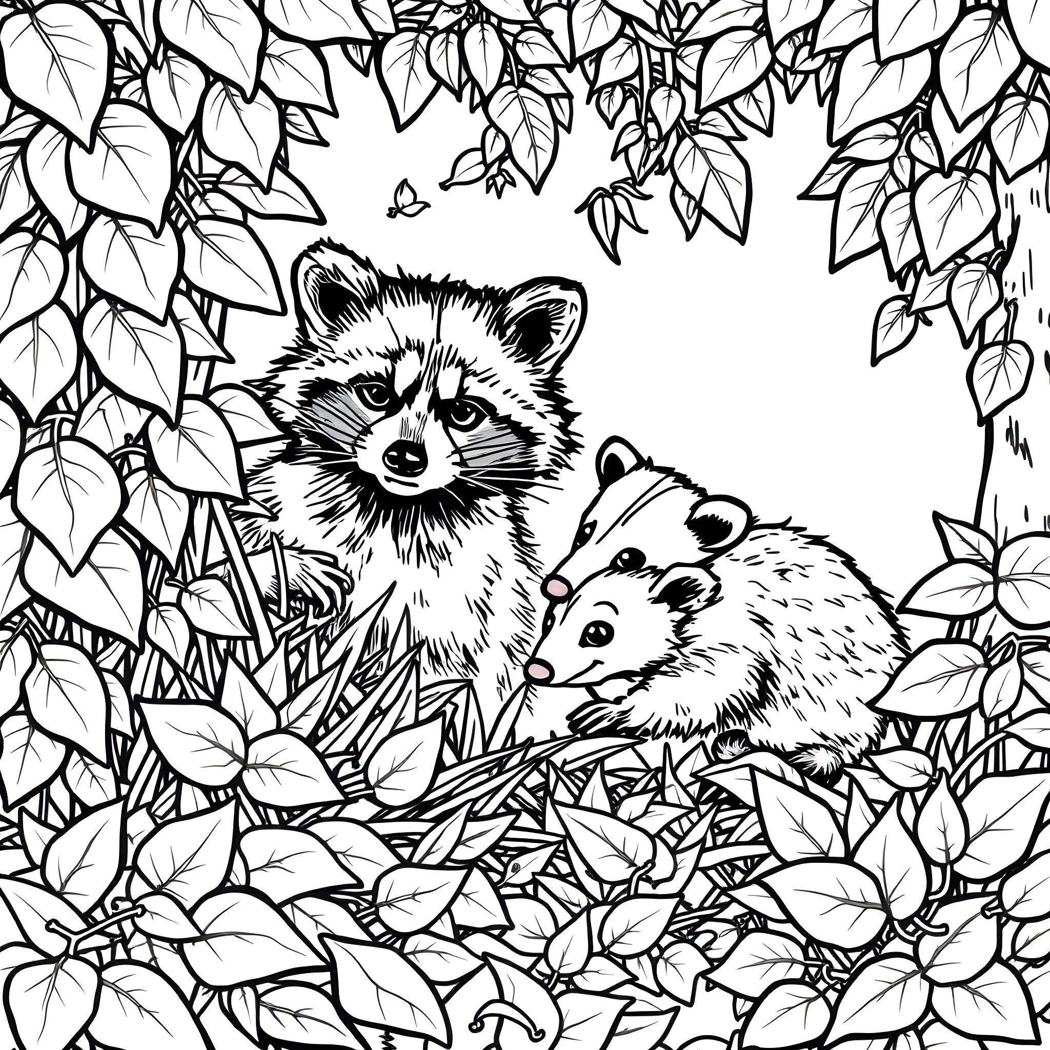 Raccoons peering curiously in the forest Coloring Page (free black-and-white line drawing printable PDF for all, from beginners to advanced learners, including children, teens, adults, and seniors)