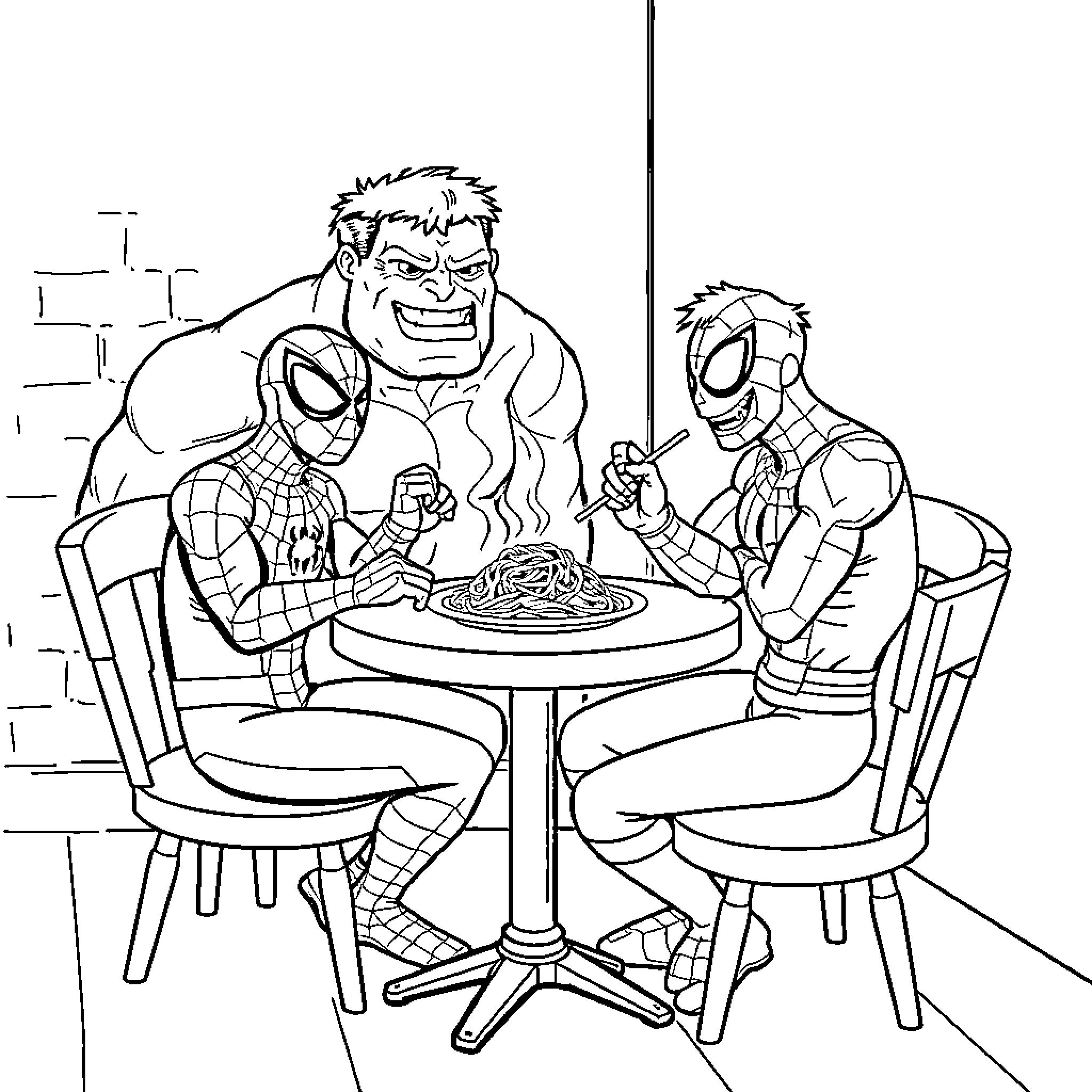 Spiderman and Hulk enjoy a casual meal together Coloring Page (free black-and-white line drawing printable PDF for all, from beginners to advanced learners, including children, teens, adults, and seniors)