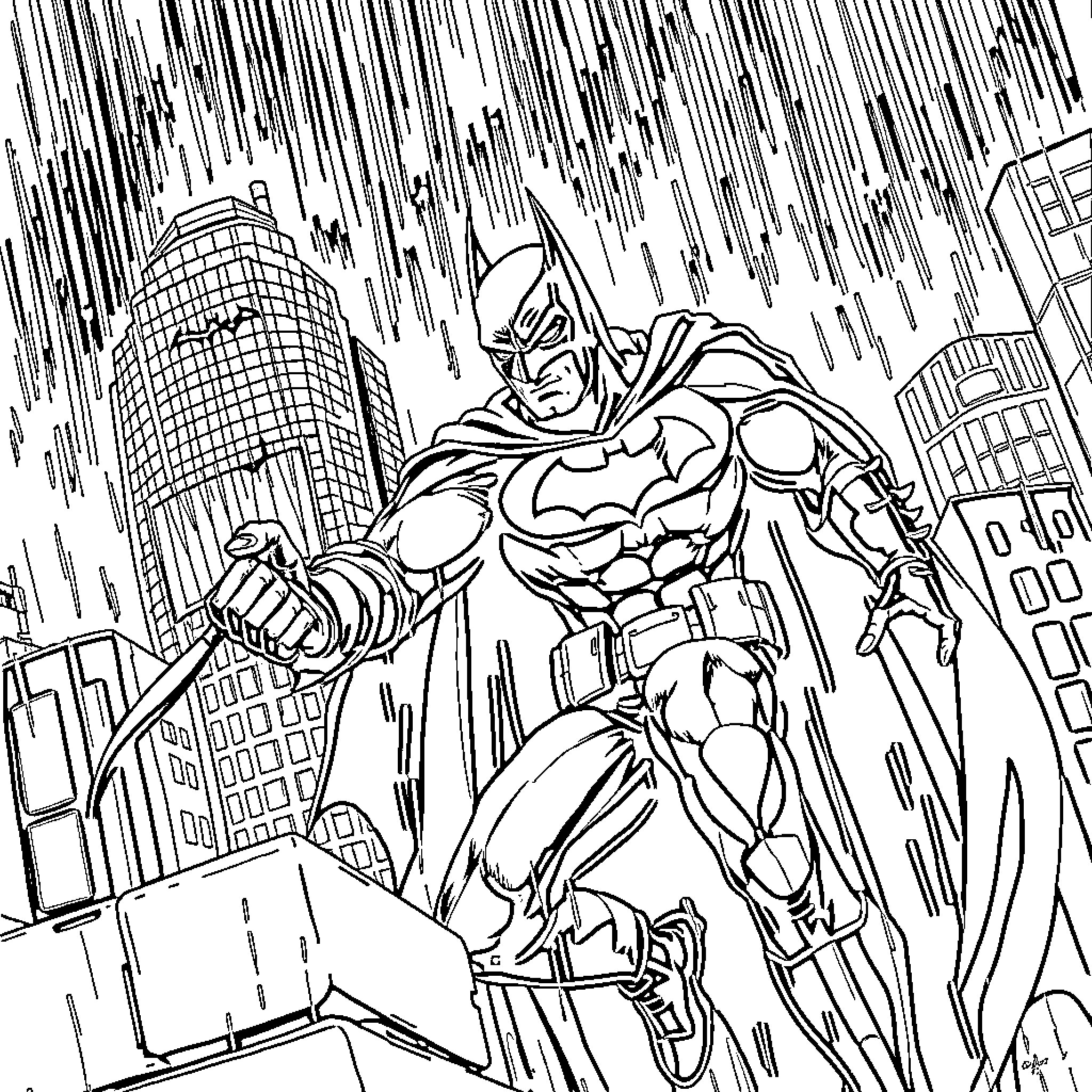 Batman Heroically Battles Amidst Stormy Cityscape Coloring Page (free black-and-white line drawing printable PDF for all, from beginners to advanced learners, including children, teens, adults, and seniors)