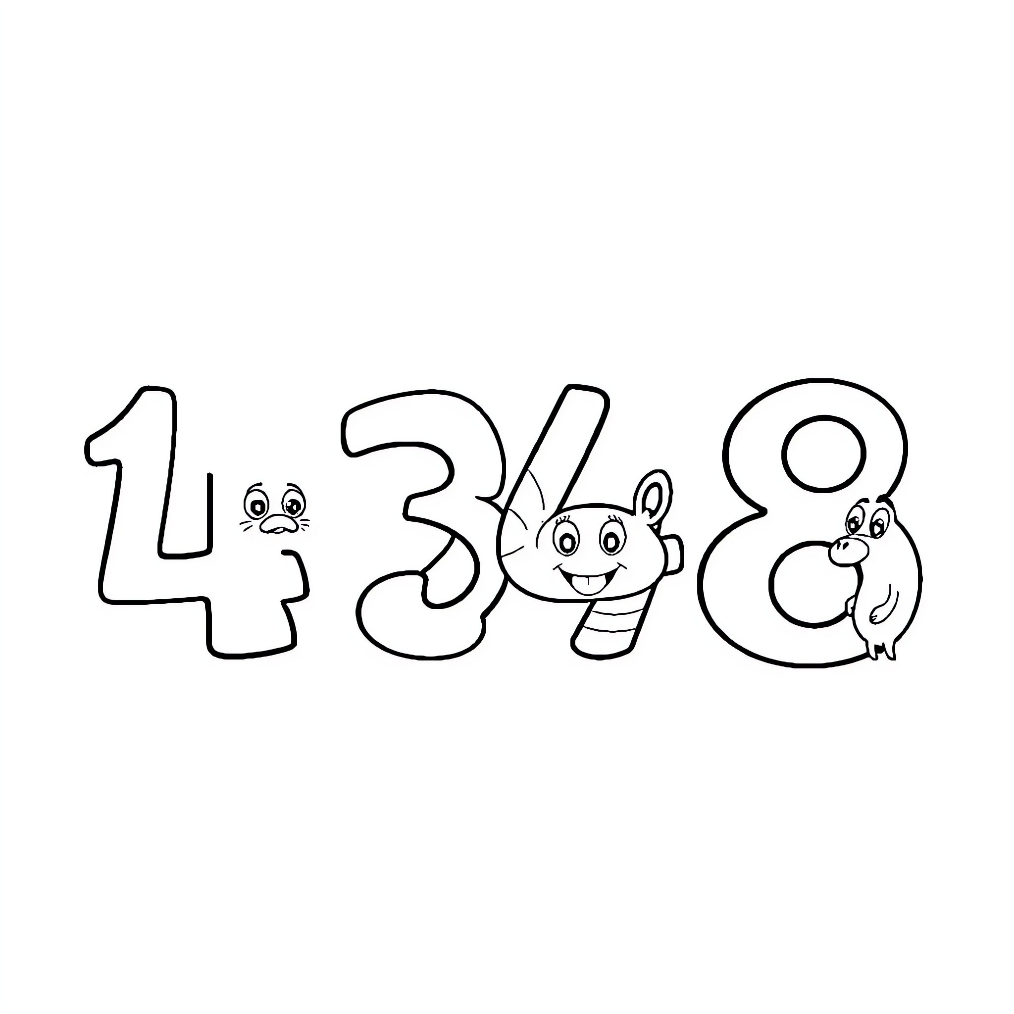 Number 1238 with Cartoon Animals Coloring Page (free black-and-white line drawing printable PDF for all, from beginners to advanced learners, including children, teens, adults, and seniors)