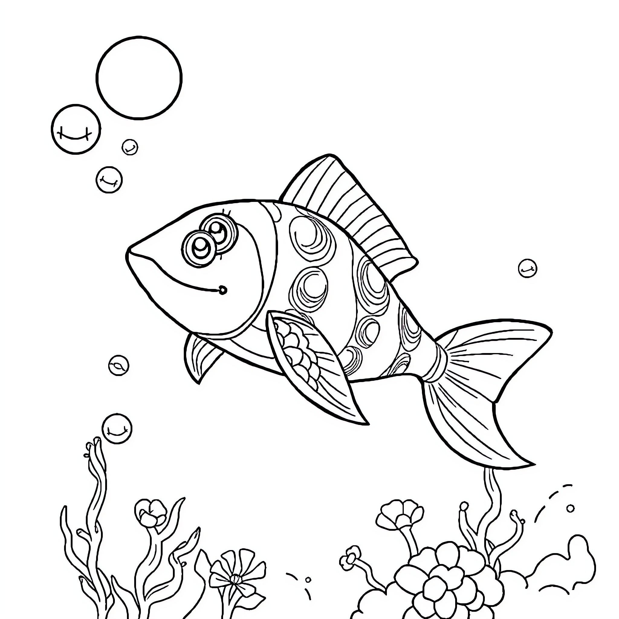 Mermaid-inspired fish with playful expression Coloring Page (free black-and-white line drawing printable PDF for all, from beginners to advanced learners, including children, teens, adults, and seniors)