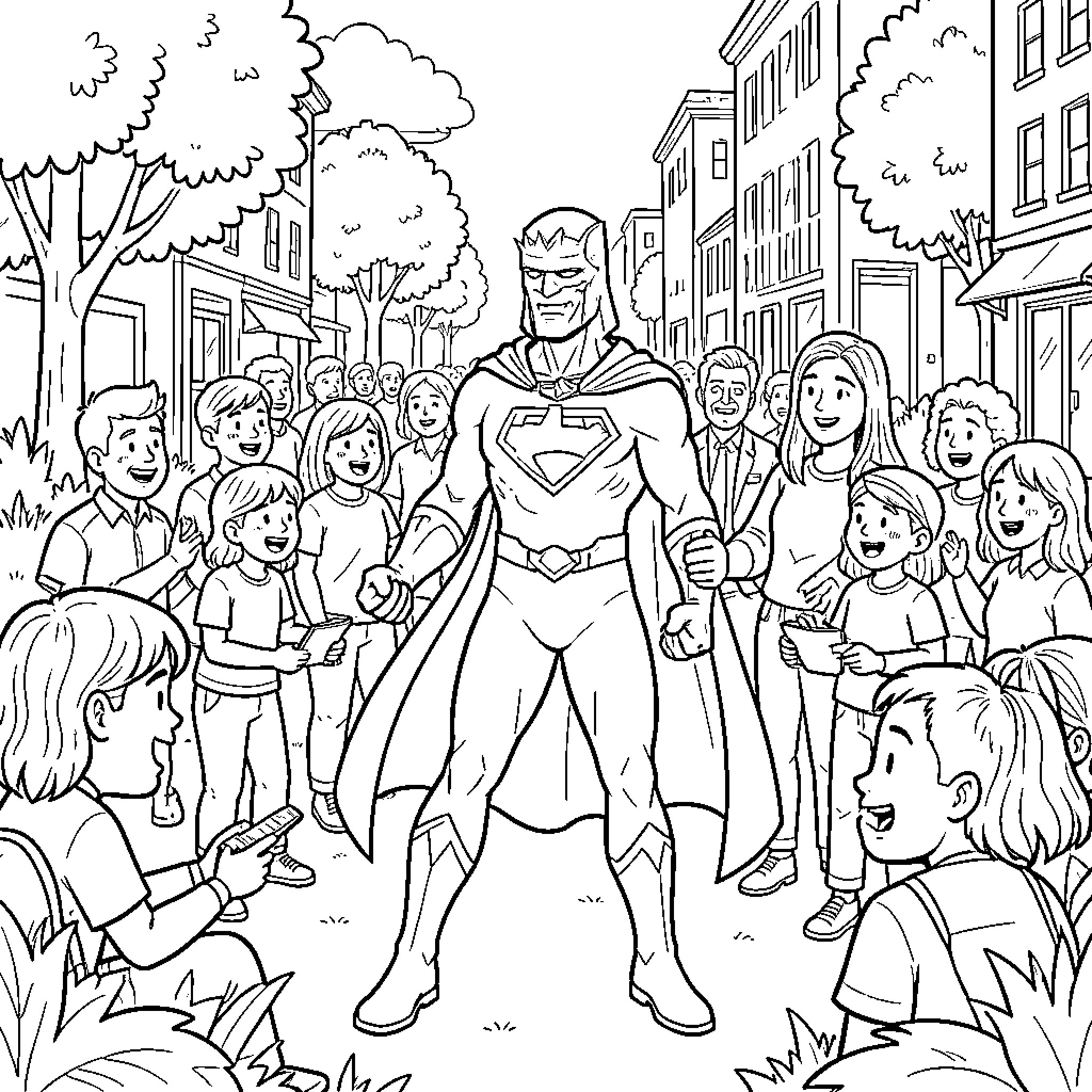 Superhero Greeting and Interacting with Crowd Coloring Page (free black-and-white line drawing printable PDF for all, from beginners to advanced learners, including children, teens, adults, and seniors)