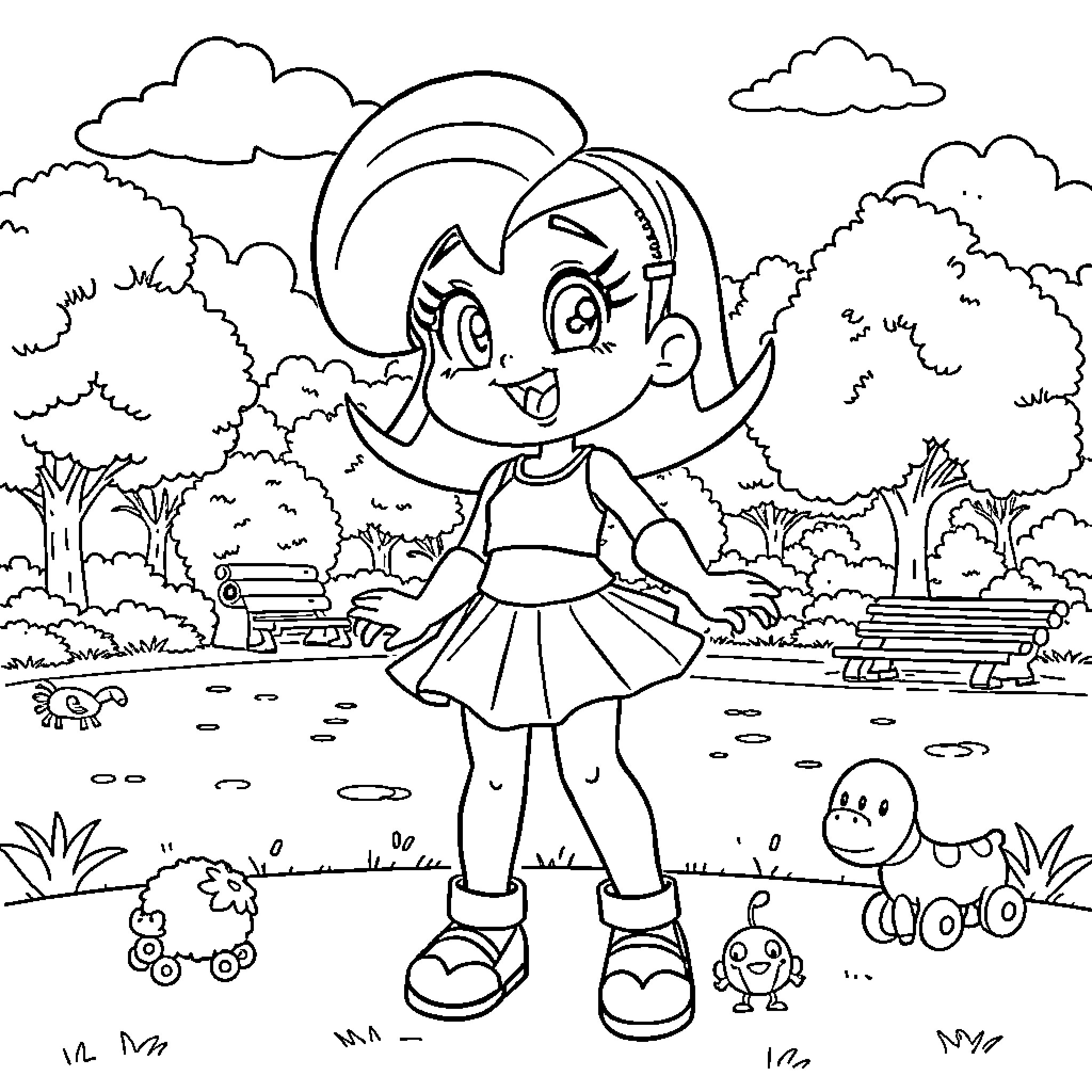 Bulma's Playful Adventure in the Park Coloring Page (free black-and-white line drawing printable PDF for all, from beginners to advanced learners, including children, teens, adults, and seniors)