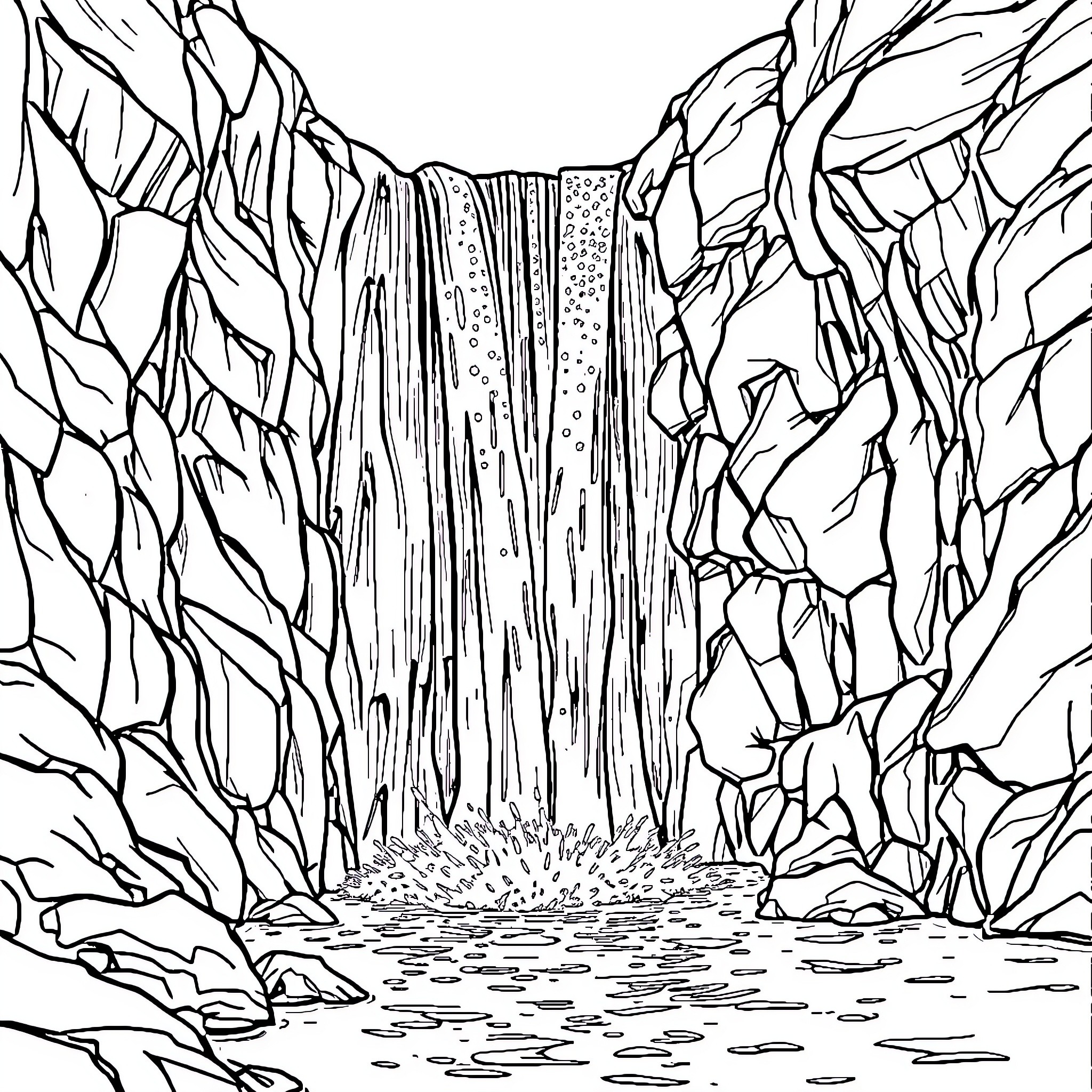 Waterfall flowing through rugged terrain Coloring Page (free black-and-white line drawing printable PDF for all, from beginners to advanced learners, including children, teens, adults, and seniors)