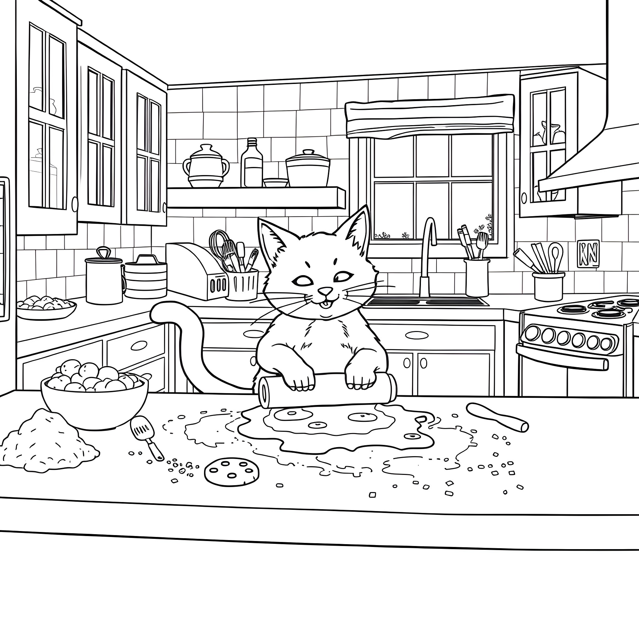 Cat Enjoying a Mess in the Kitchen Coloring Page (free black-and-white line drawing printable PDF for all, from beginners to advanced learners, including children, teens, adults, and seniors)