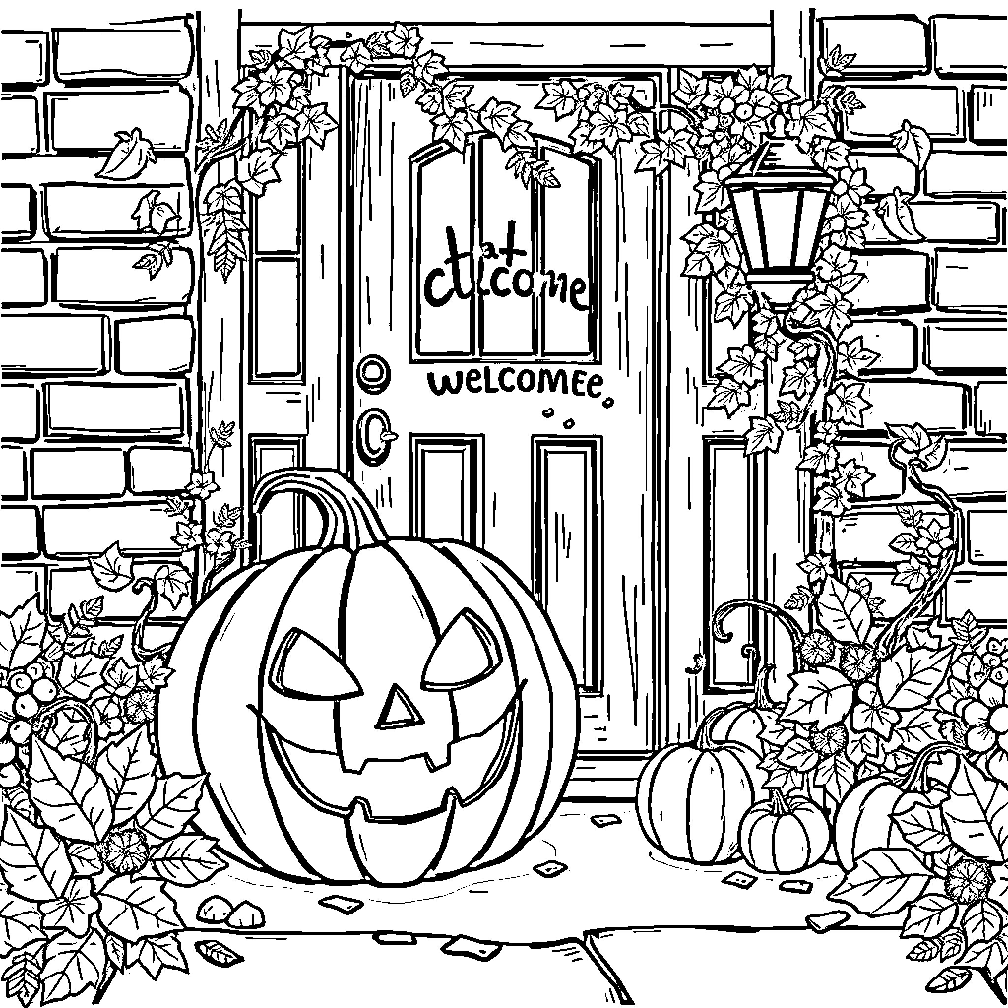 Pumpkin-filled Halloween welcome at decorated doorway Coloring Page (free black-and-white line drawing printable PDF for all, from beginners to advanced learners, including children, teens, adults, and seniors)