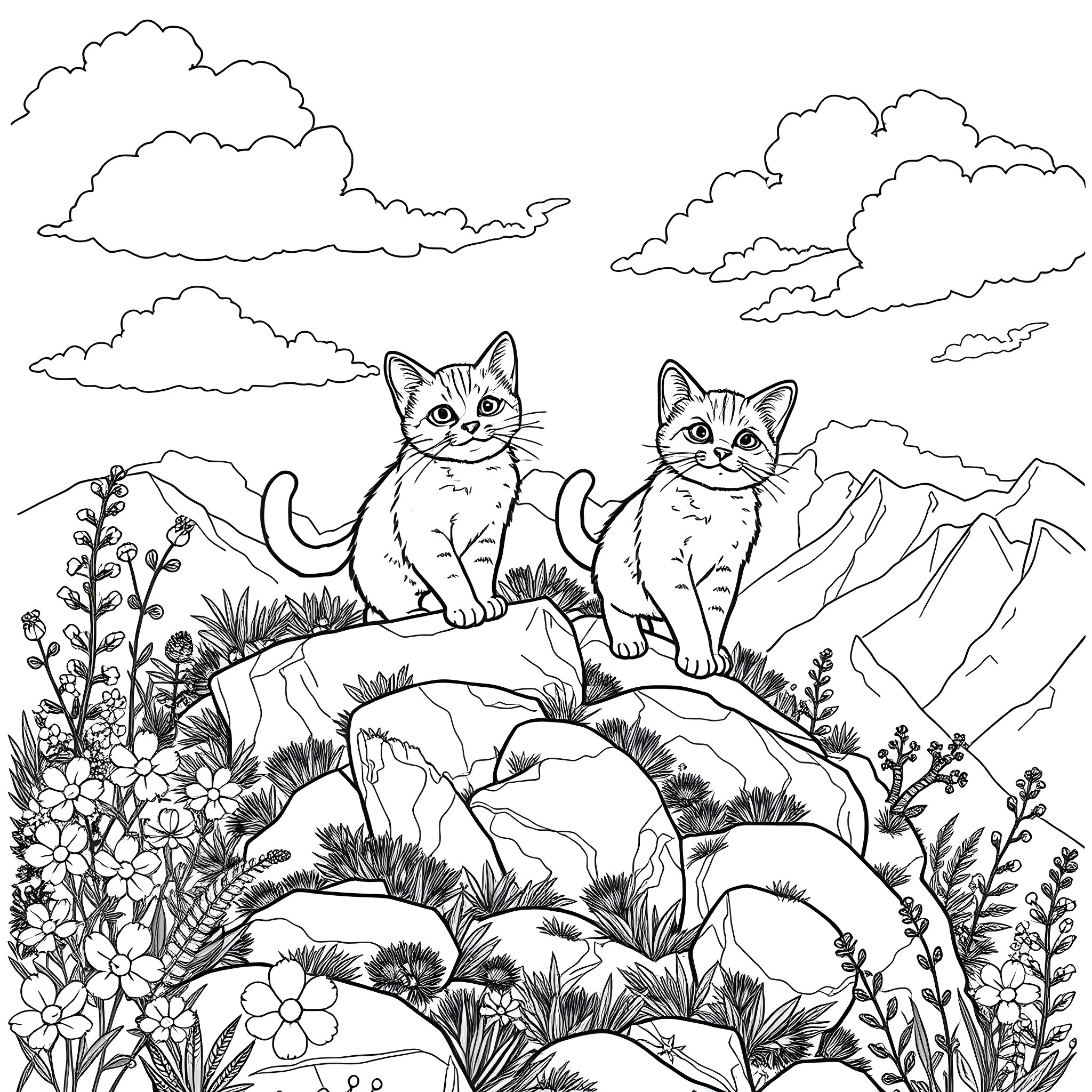 Cats enjoying the scenic mountain landscape Coloring Page (free black-and-white line drawing printable PDF for all, from beginners to advanced learners, including children, teens, adults, and seniors)