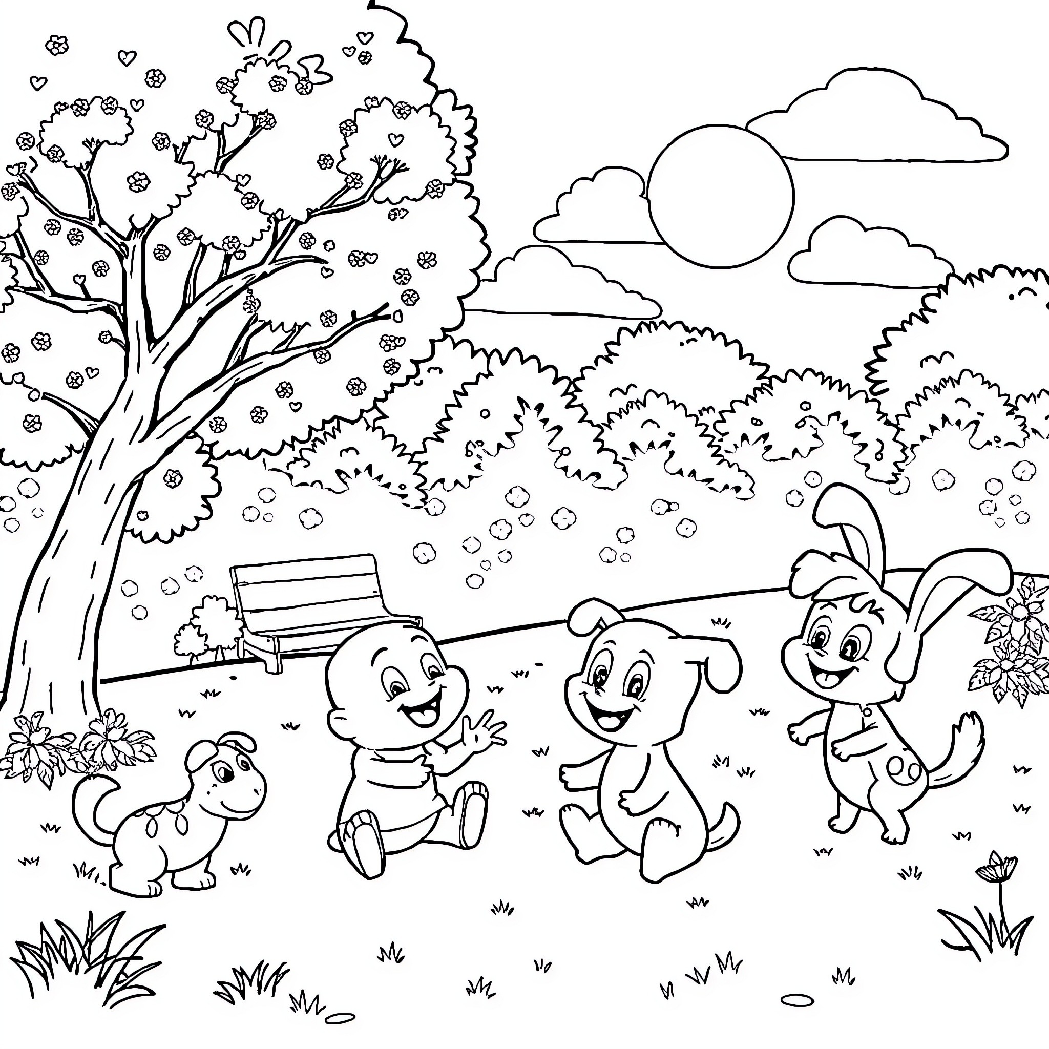 Bing Cartoon animals playing in a park Coloring Page (free black-and-white line drawing printable PDF for all, from beginners to advanced learners, including children, teens, adults, and seniors)
