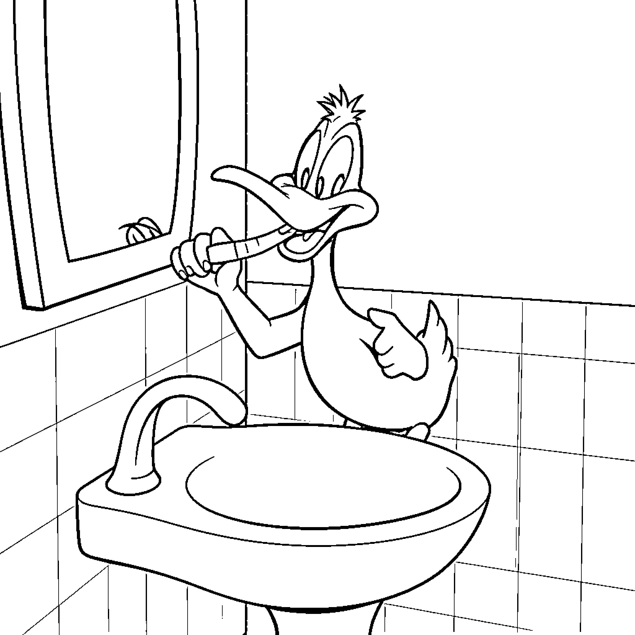 Daffy Duck playing with plumbing fixtures in bathroom Coloring Page (free black-and-white line drawing printable PDF for all, from beginners to advanced learners, including children, teens, adults, and seniors)