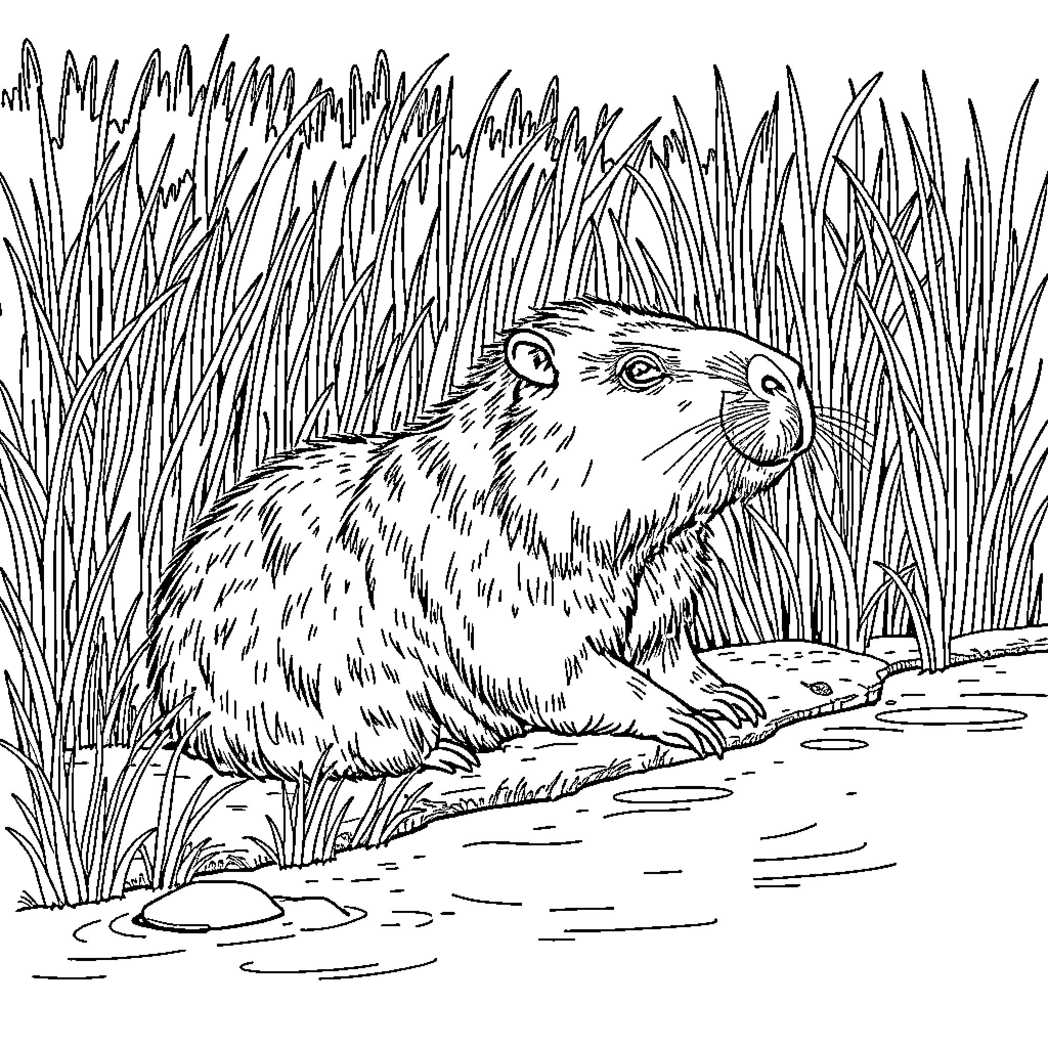 Capybara resting in tall grass Coloring Page (free black-and-white line drawing printable PDF for all, from beginners to advanced learners, including children, teens, adults, and seniors)